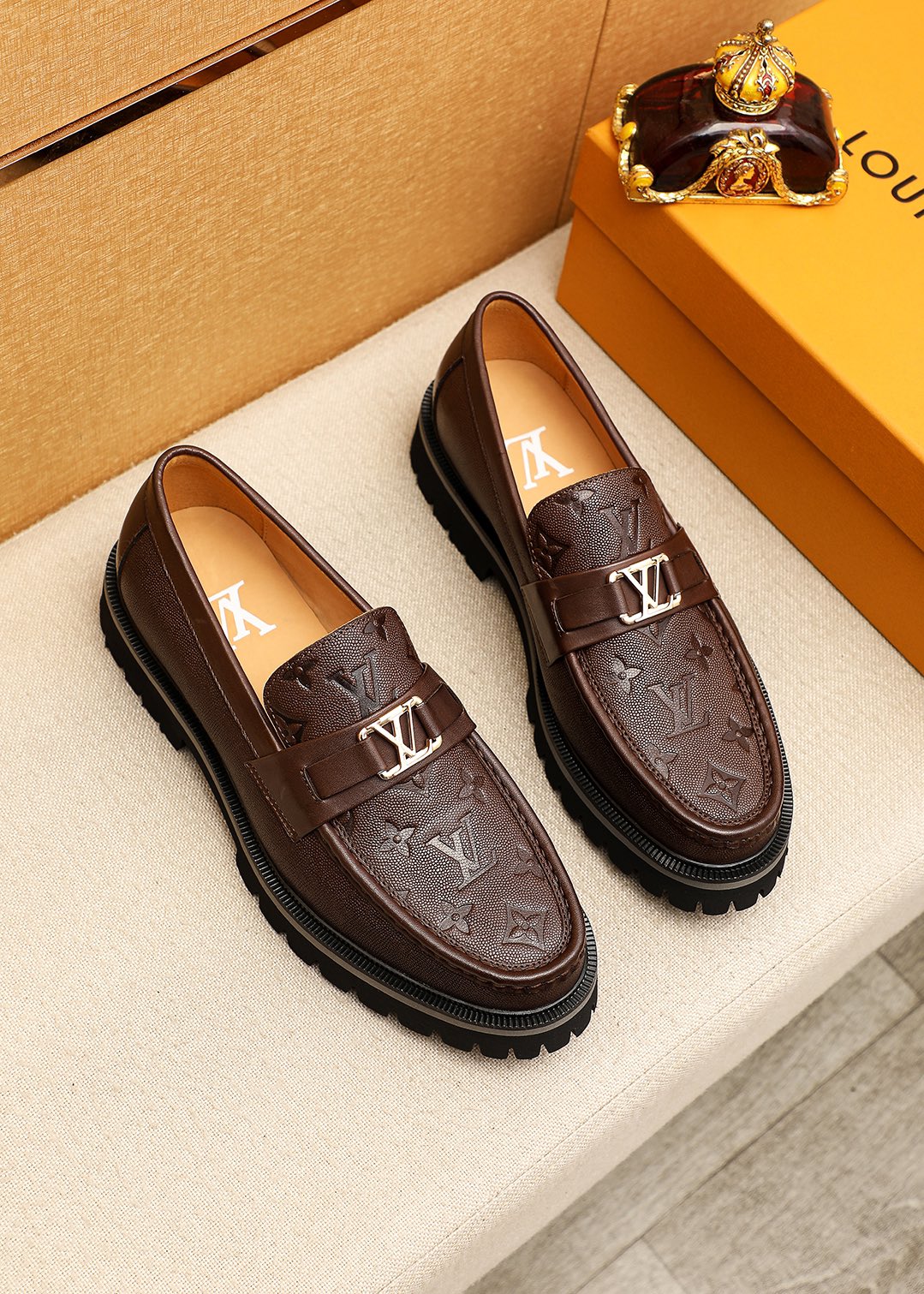 Louis Vuitton Brown Leather Loafers with Embossed Monogram and Silver Buckle 1 Louis Vuitton Brown Leather Loafers with Embossed Monogram and Silver Buckle