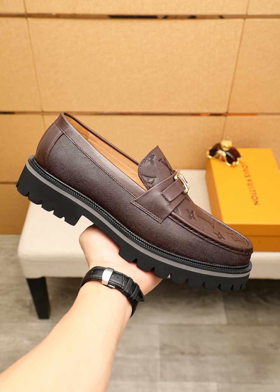 Louis Vuitton Brown Leather Loafers with Embossed Monogram and Silver Buckle 5 i1744689317 5647 3