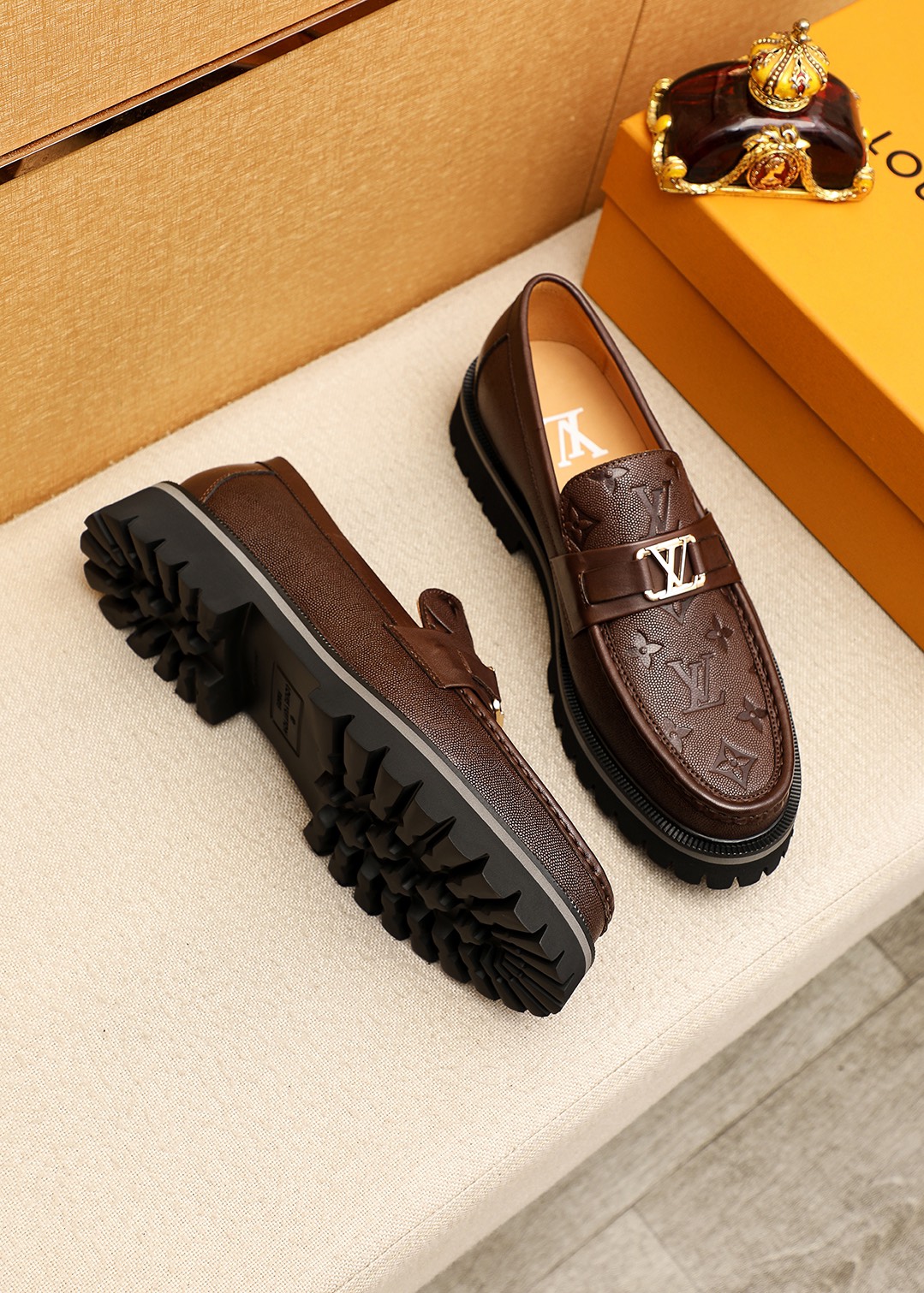 Louis Vuitton Brown Leather Loafers with Embossed Monogram and Silver Buckle 3 i1744689317 6112 1