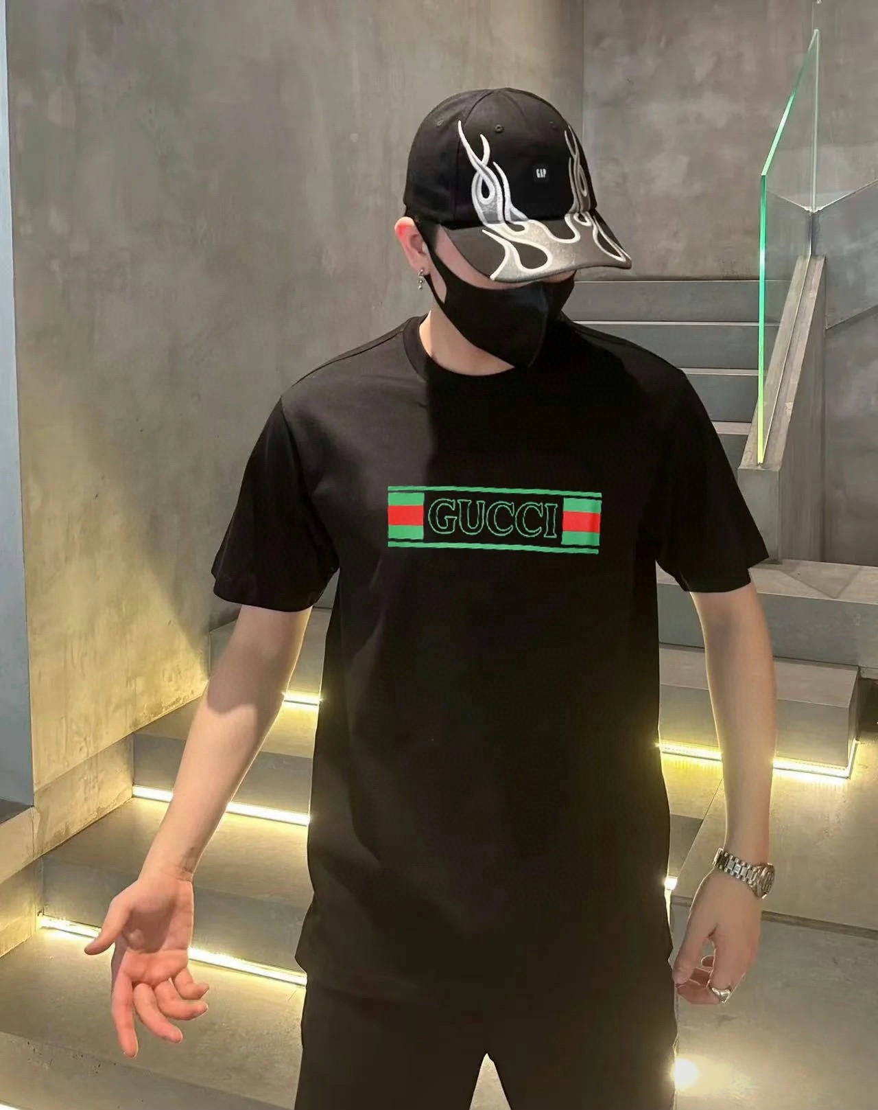 GUCCI/古驰 新款红绿腰带印花圆领T恤 上身效果#