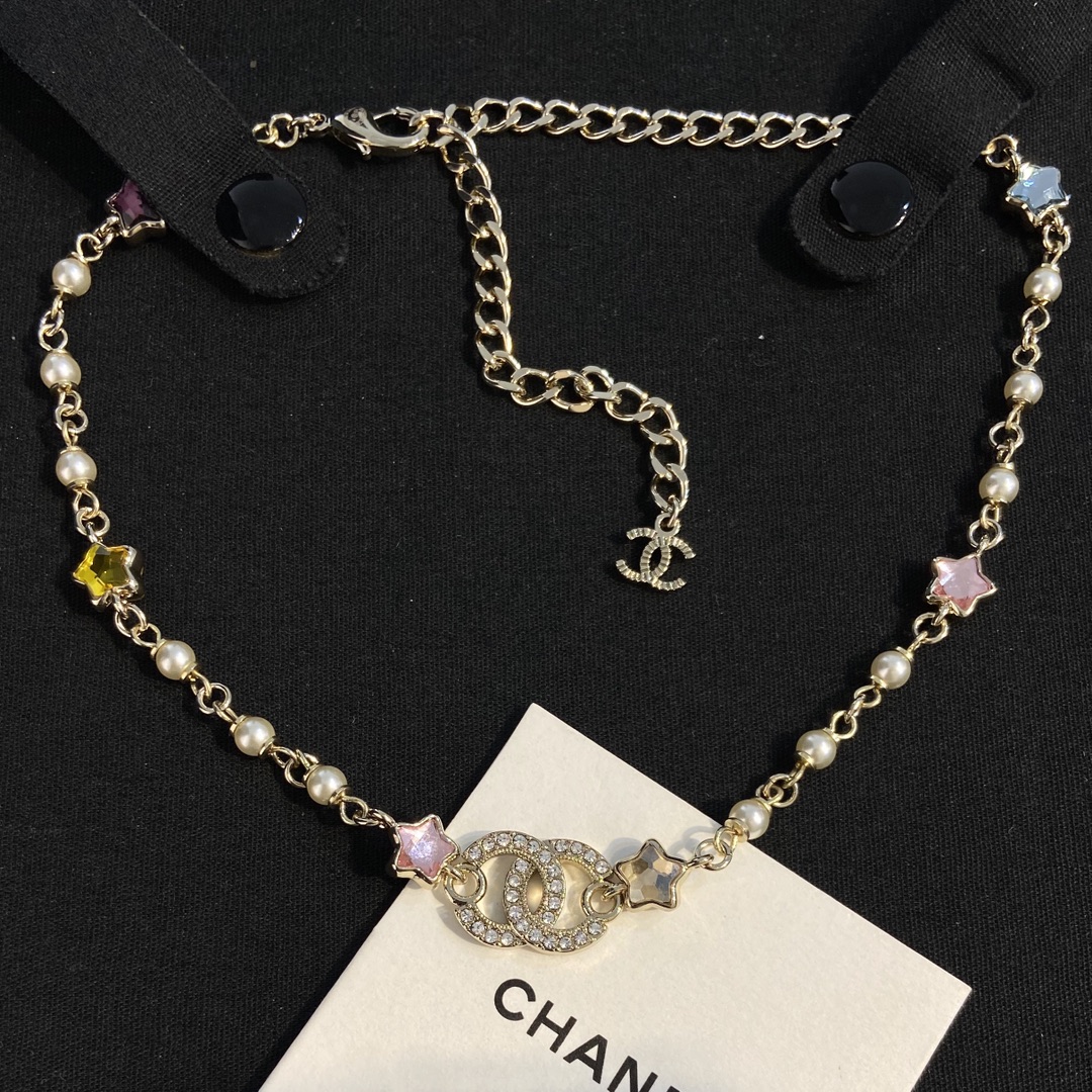 CHANEL Necklace Pearl Colorful Diamond Stars
