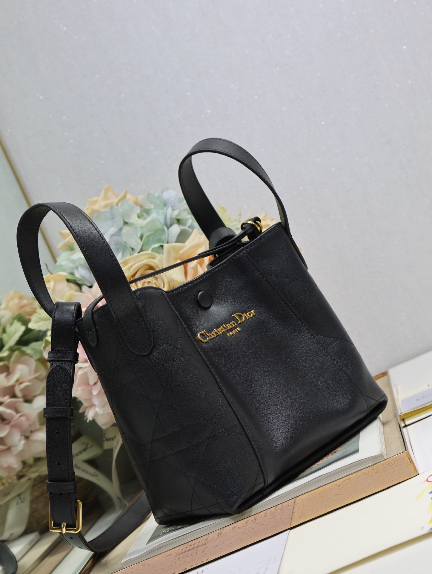 Dior Small Signature Bucket Bag, Black Calfskin with Tonal Grained Detailing 3 i1744789556 5016 1
