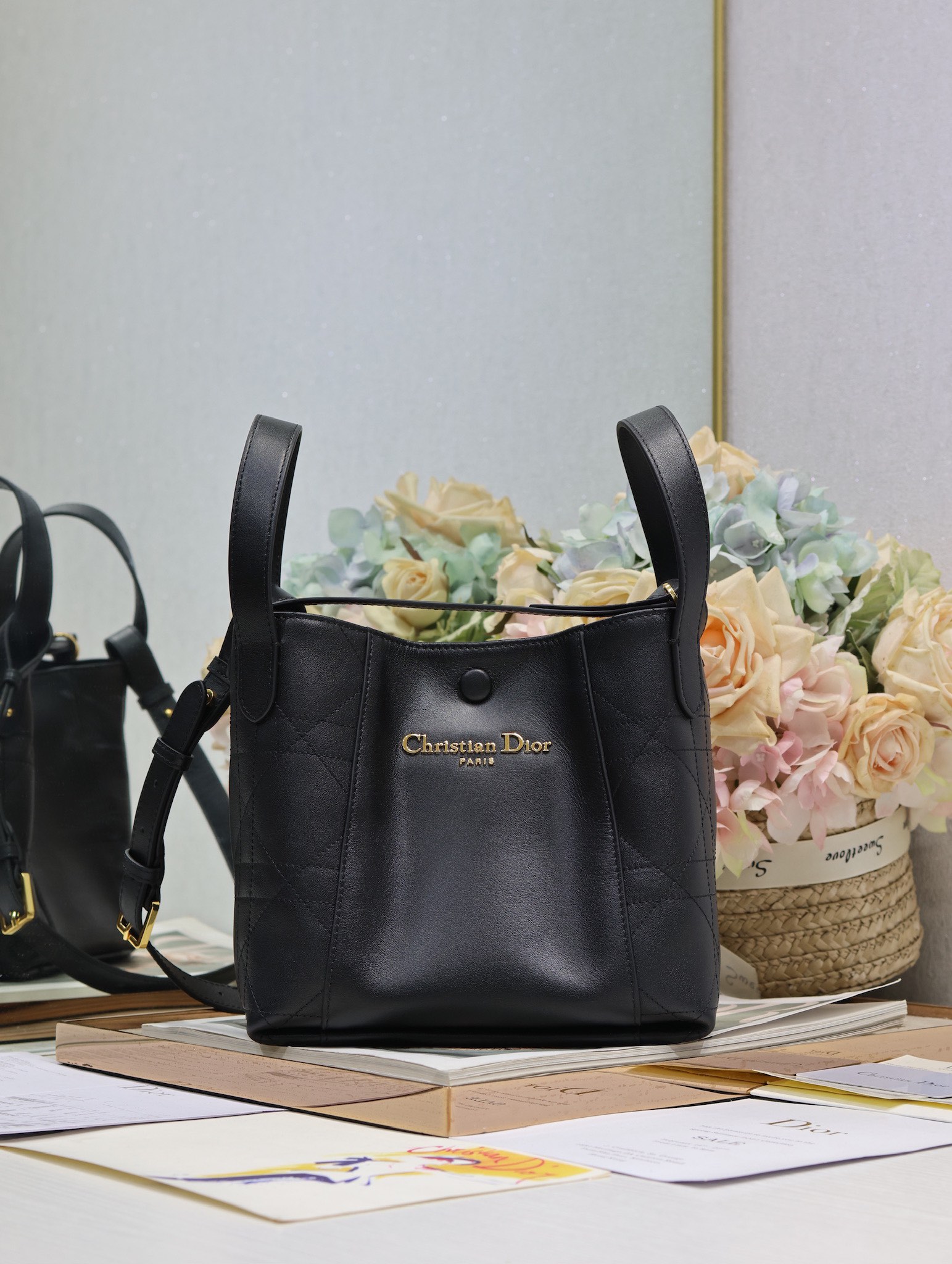 Dior Small Signature Bucket Bag, Black Calfskin with Tonal Grained Detailing 2 i1744789556 6503 0
