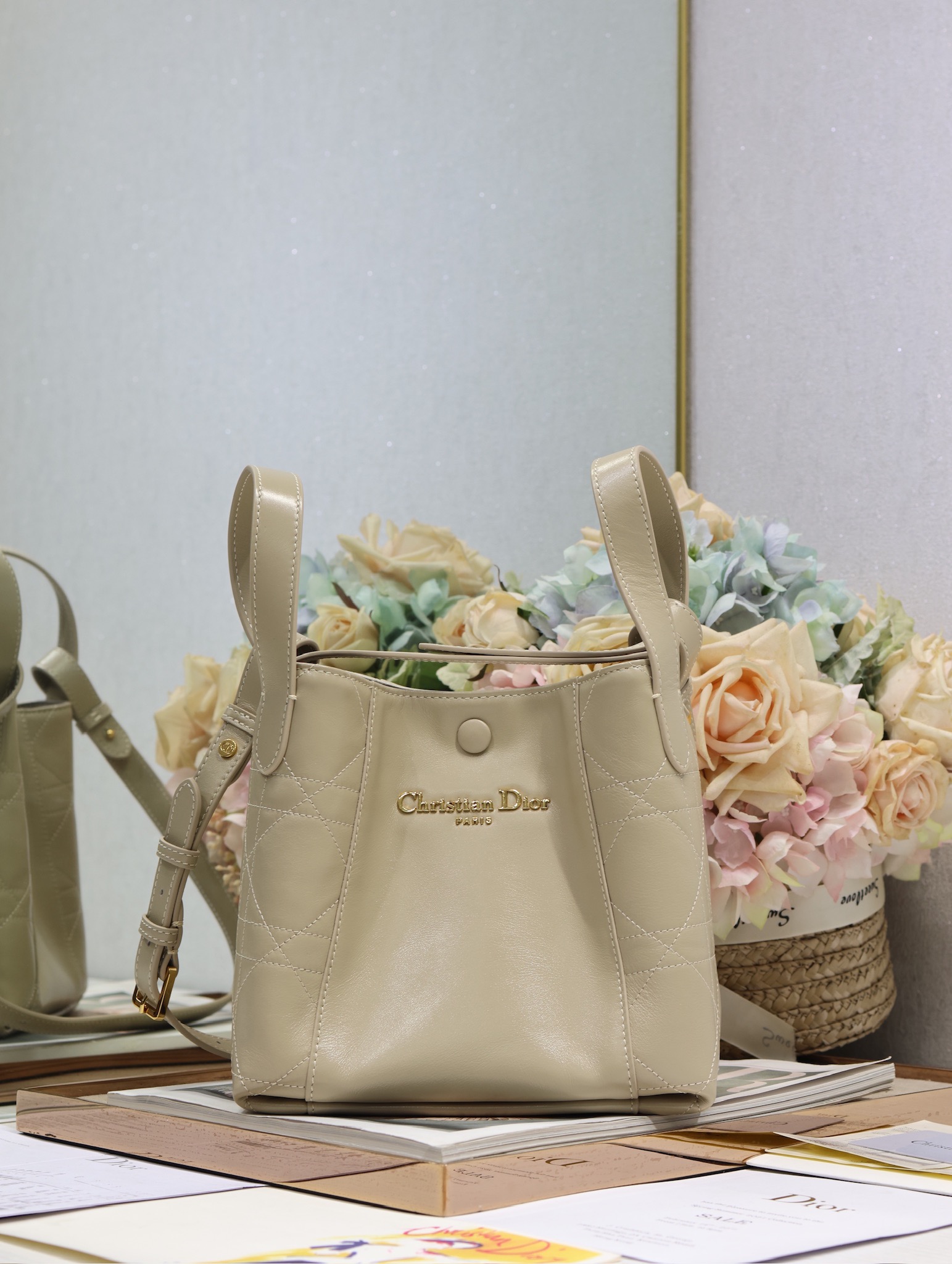Dior Signature Small Bucket Bag in Light Almond Grained Calfskin Leather 1 i1744790909 2274 0