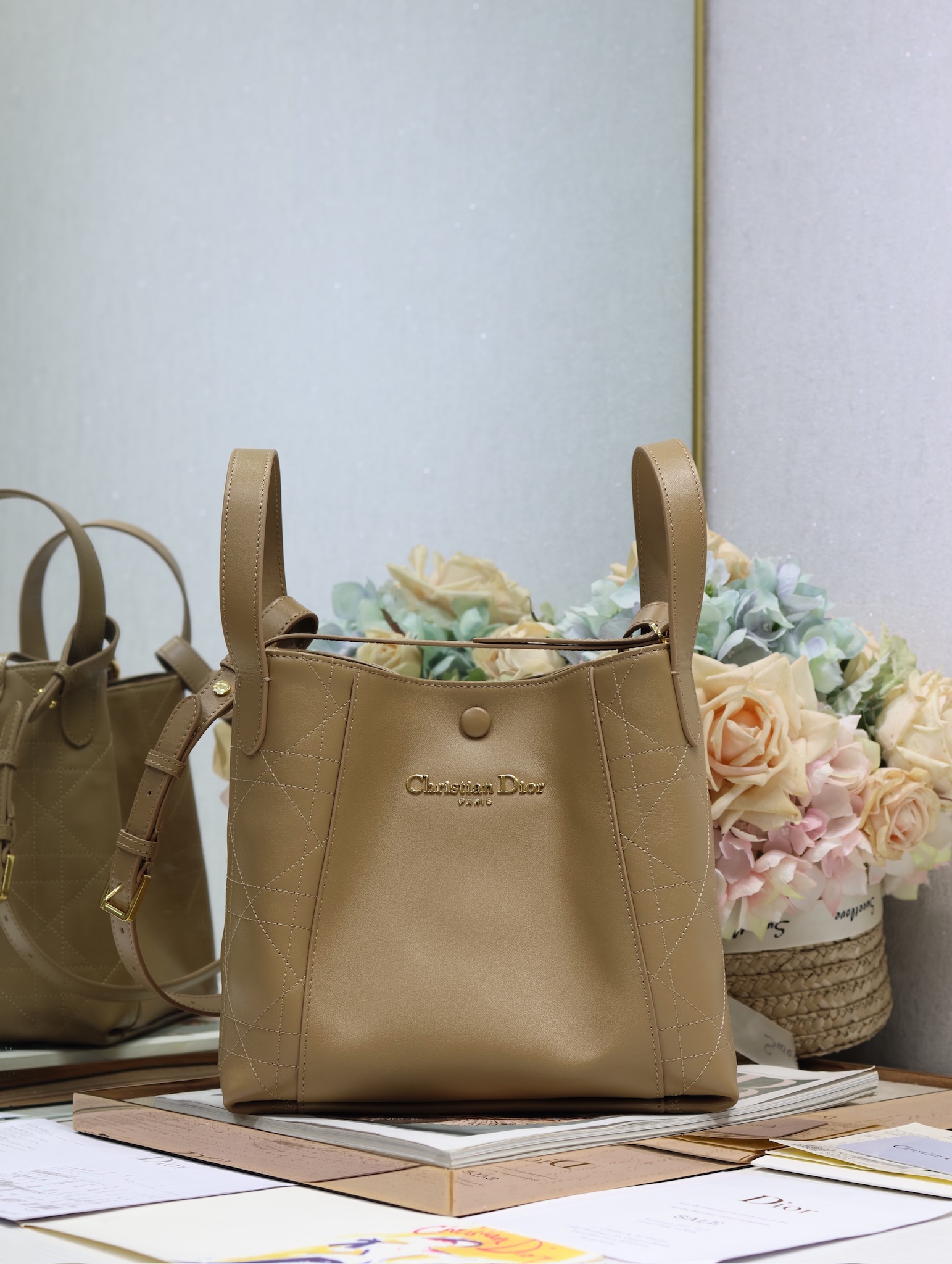 Dior Signature Medium Bucket Bag Apricot Leather Handbag with Golden Hardware 1 i1744798243 4249 0
