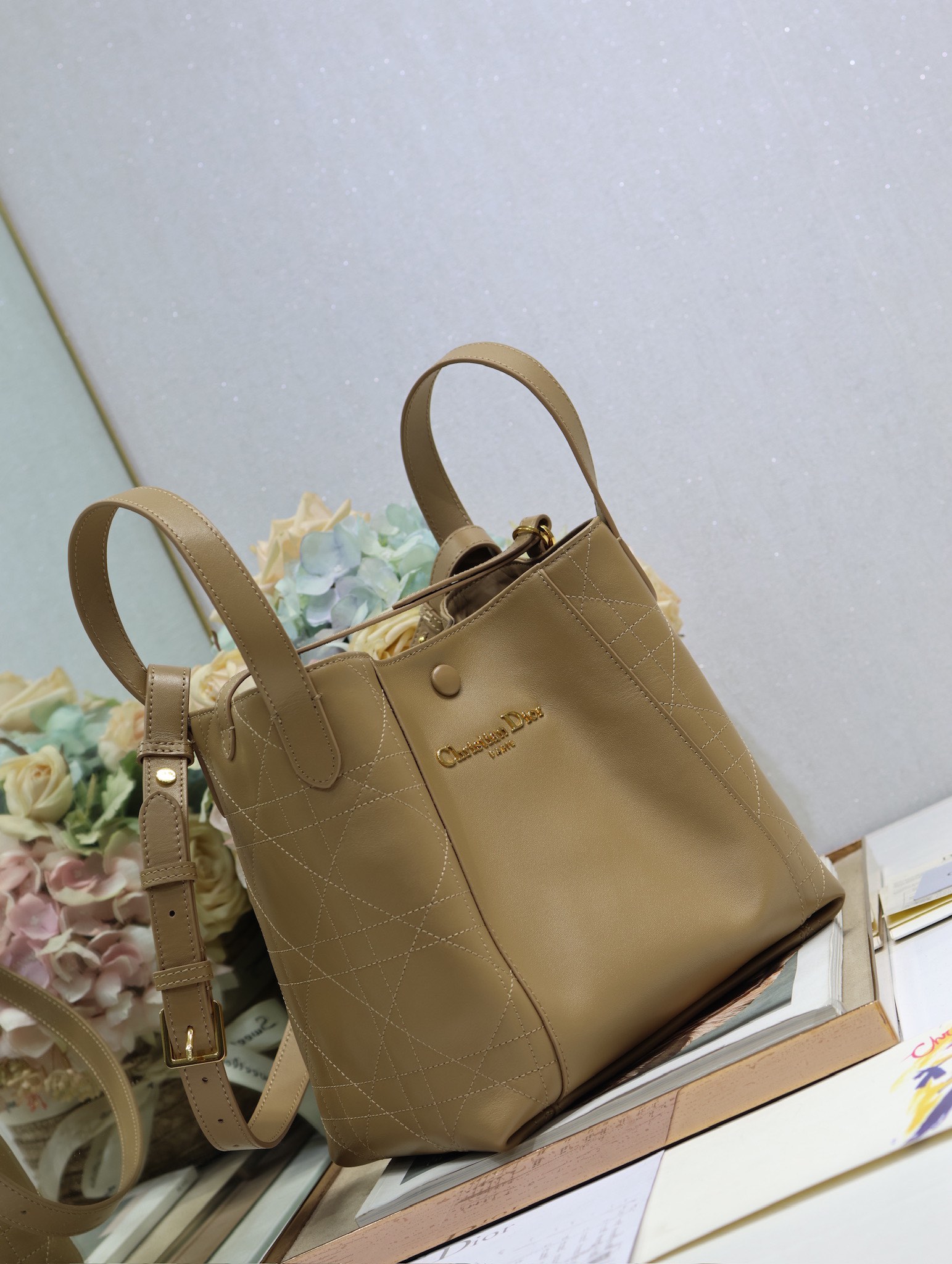 Dior Signature Medium Bucket Bag Apricot Leather Handbag with Golden Hardware 2 i1744798243 7732 1