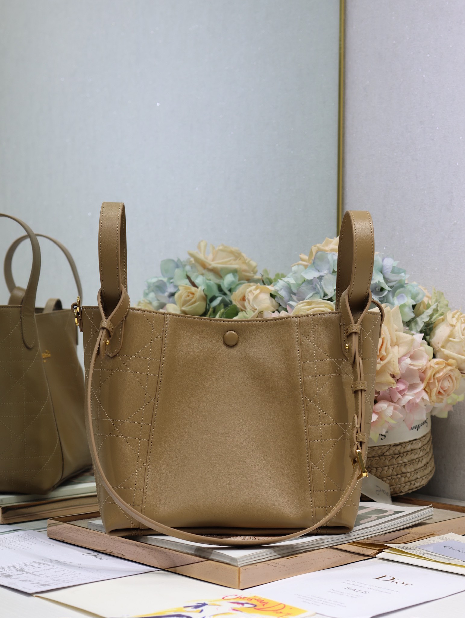 Dior Signature Medium Bucket Bag Apricot Leather Handbag with Golden Hardware 6 i1744798243 9034 5