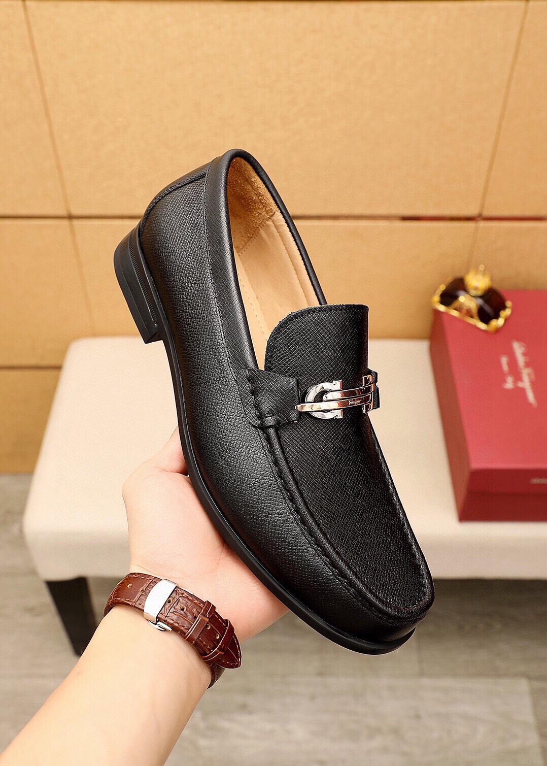 Salvatore Ferragamo Men's Black Leather Loafers with Silver Buckle 7 i1744863126 7041 5