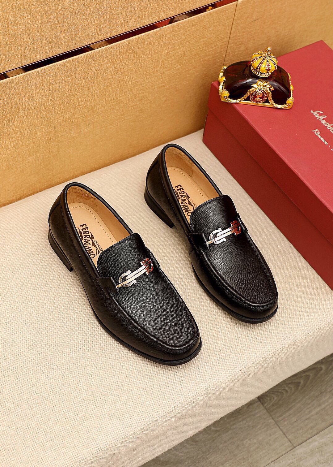 Salvatore Ferragamo Men's Black Leather Loafers with Silver Buckle 1 Salvatore Ferragamo Men's Black Leather Loafers with Silver Buckle