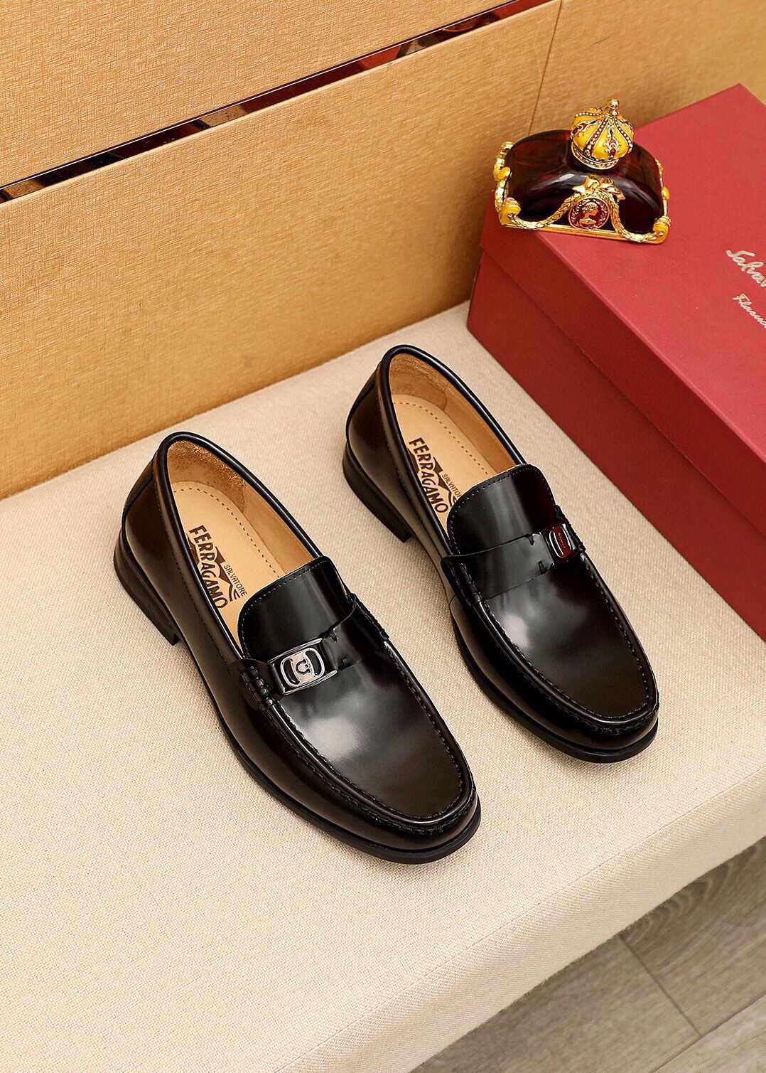 Salvatore Ferragamo Men's Black Leather Loafers with Metal Buckle 1 Salvatore Ferragamo Men's Black Leather Loafers with Metal Buckle