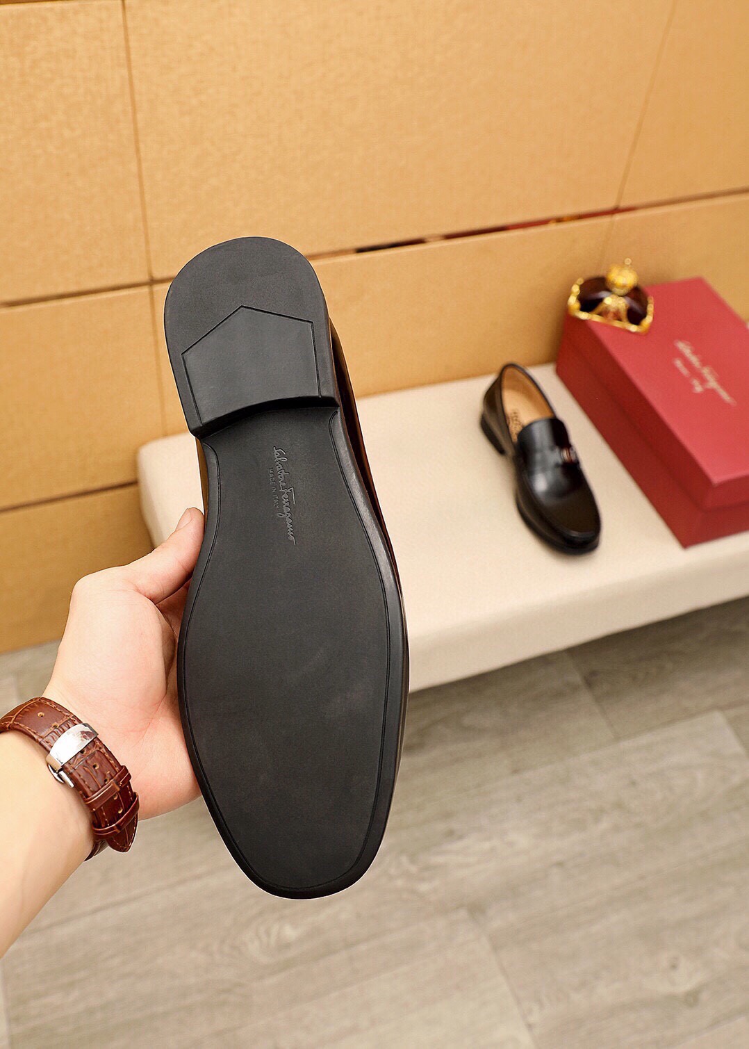 Salvatore Ferragamo Men's Black Leather Loafers with Metal Buckle 10 i1744863295 408 8