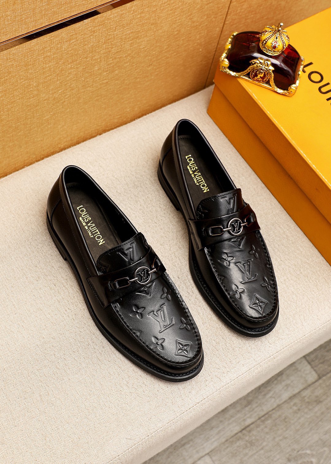 Louis Vuitton Leather Loafers with Embossed Monogram and Metal Hardware 1 Louis Vuitton Leather Loafers with Embossed Monogram and Metal Hardware