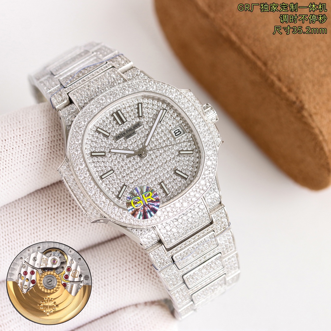 NO:149225,GR - a heavy money to create a classic timepiece - Patek Philippe 7021 Lady Nautilus Full Diamond Limited Edition, a small quantity arrives, limited supply (the whole body uses eight hearts and eight arrows natural Orbo diamonds) Gift a custom watch box for traveling convenient value Watch: Customized 9015 modified 324 S automatic integrated winding mechanical movement, center large seconds hand Dial: diamond inlay, 3-digit display calendar window, 286 diamonds Case: Pavé has 518 diamonds, sapphire crystal permeable cover. Waterproof coefficient is 30 meters. Diameter 35.2mm Bracelet: Use 1729 diamonds to use the rare 