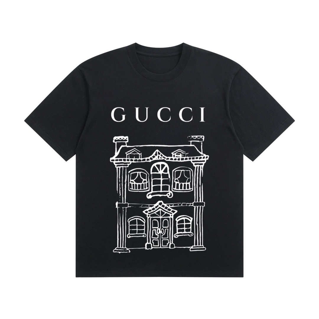 (合作让利) 高端品质 GUCCI 2025Fall 春夏系列 城堡➕杯子短袖T恤 区别普通印花 定织280克32支双纱纯棉面料 宽松版型 男女同款 颜色:白 黑 香芋紫 花灰