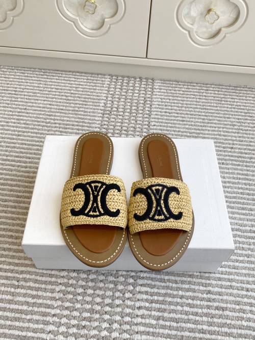 Celine Women's Triomphe Embroidered Raffia Slides Sandals, Size 35-40 1 Celine Women's Triomphe Embroidered Raffia Slides Sandals, Size 35-40