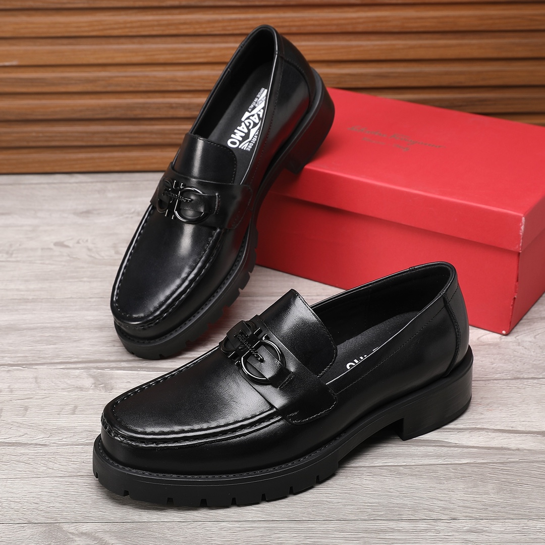 Salvatore Ferragamo Men's Black Leather Loafers with Metal Buckle 1 Salvatore Ferragamo Men's Black Leather Loafers with Metal Buckle