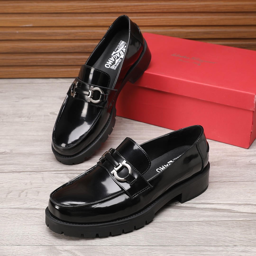Ferragamo Leather Loafers with Metal Buckle and Rubber Sole in Black 1 Ferragamo Leather Loafers with Metal Buckle and Rubber Sole in Black