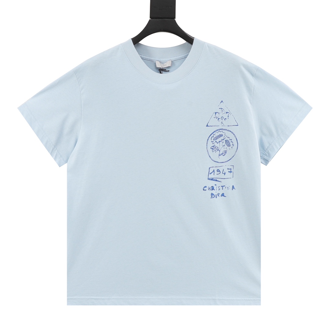 Dior x Hylton Nel Blue Cotton Jersey T-Shirt with Plant Painting Direct Jet Print