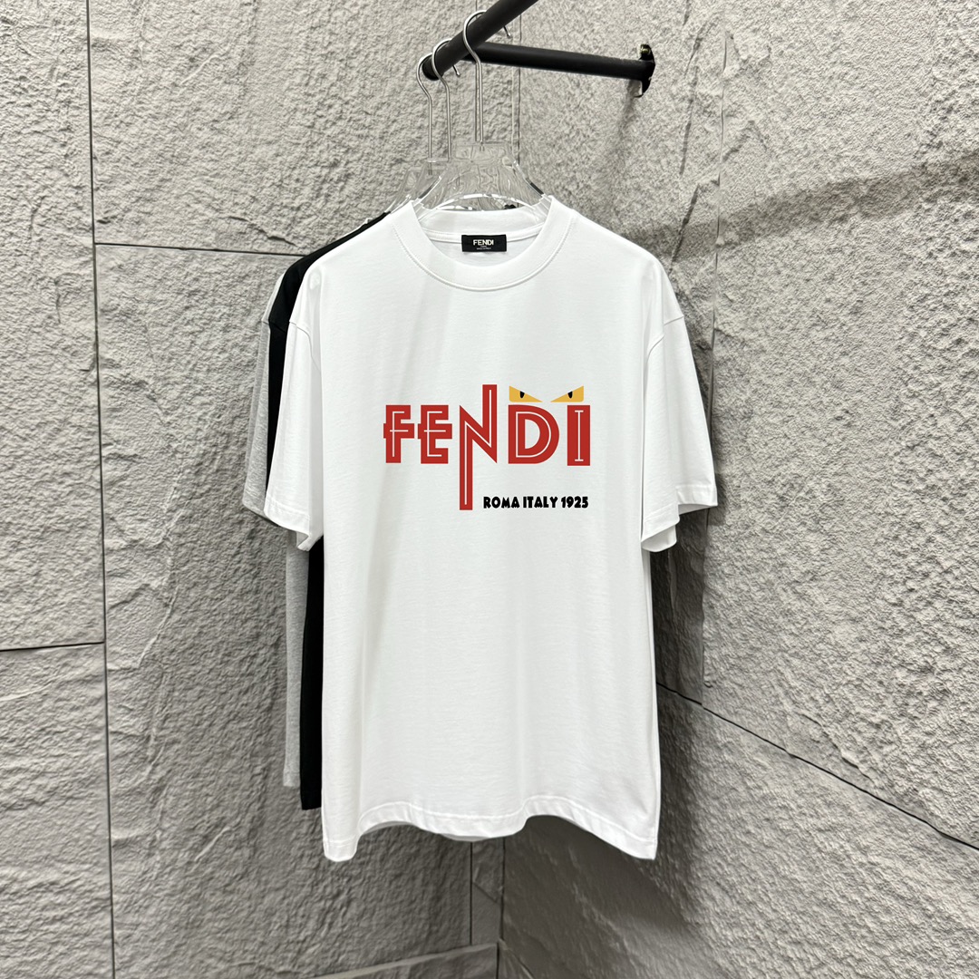 FEN*FENDI* Nueva primavera/verano 2025, camiseta de manga corta con patrón doble F, letras y ojos impresos, tejido de a…