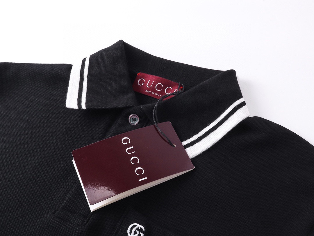 古驰/Gucci 夏季新款 口袋刺绣翻领撞色短袖polo衫 黑色