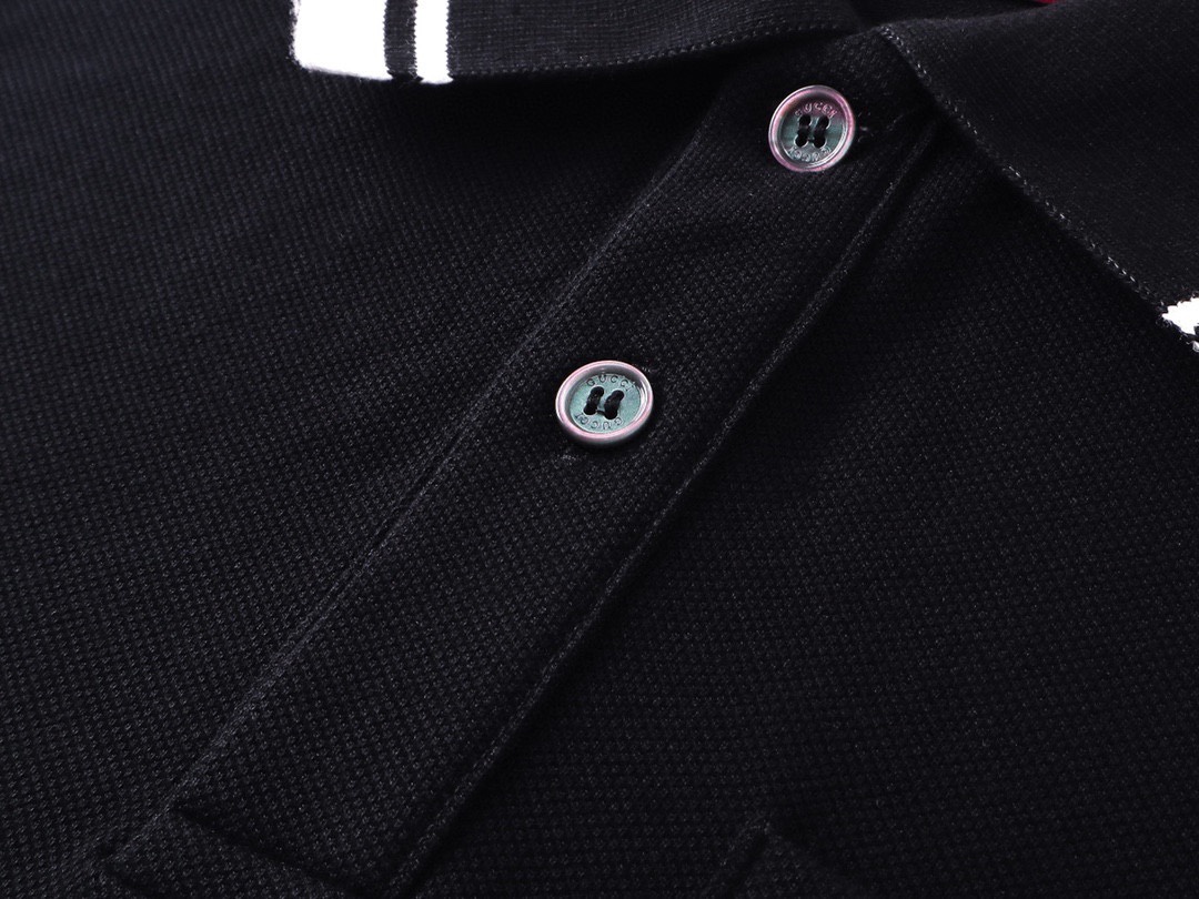 古驰/Gucci 夏季新款 口袋刺绣翻领撞色短袖polo衫 黑色