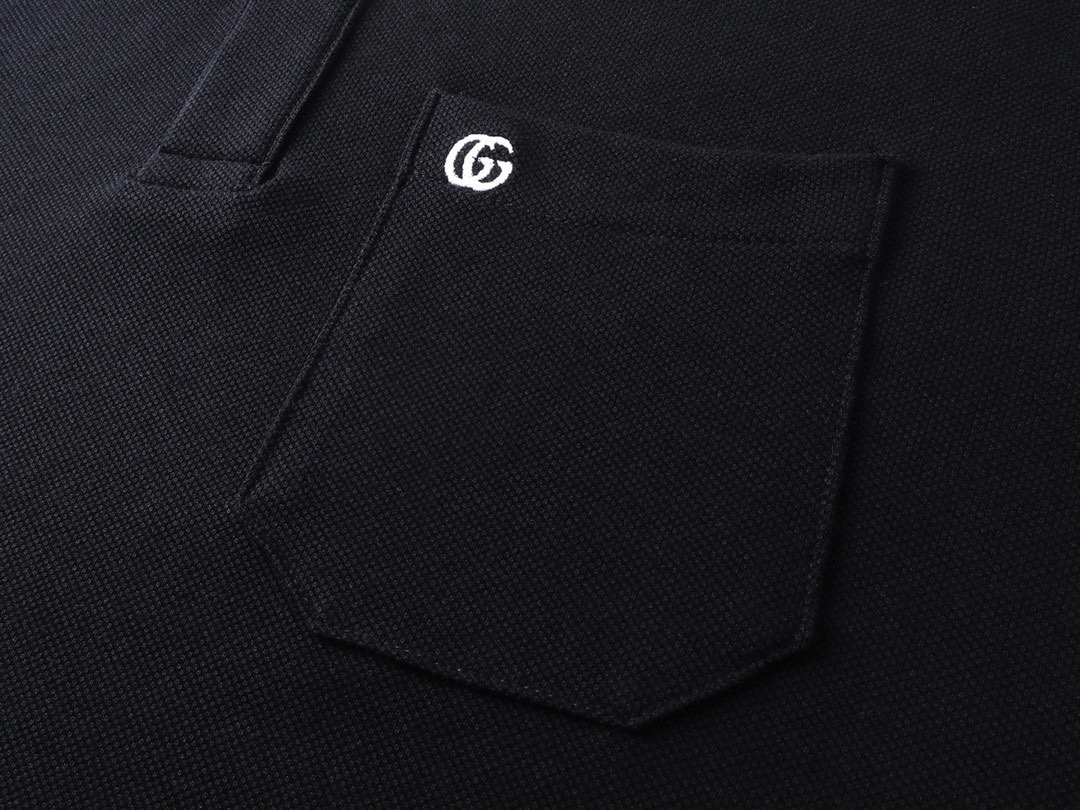 古驰/Gucci 夏季新款 口袋刺绣翻领撞色短袖polo衫 黑色