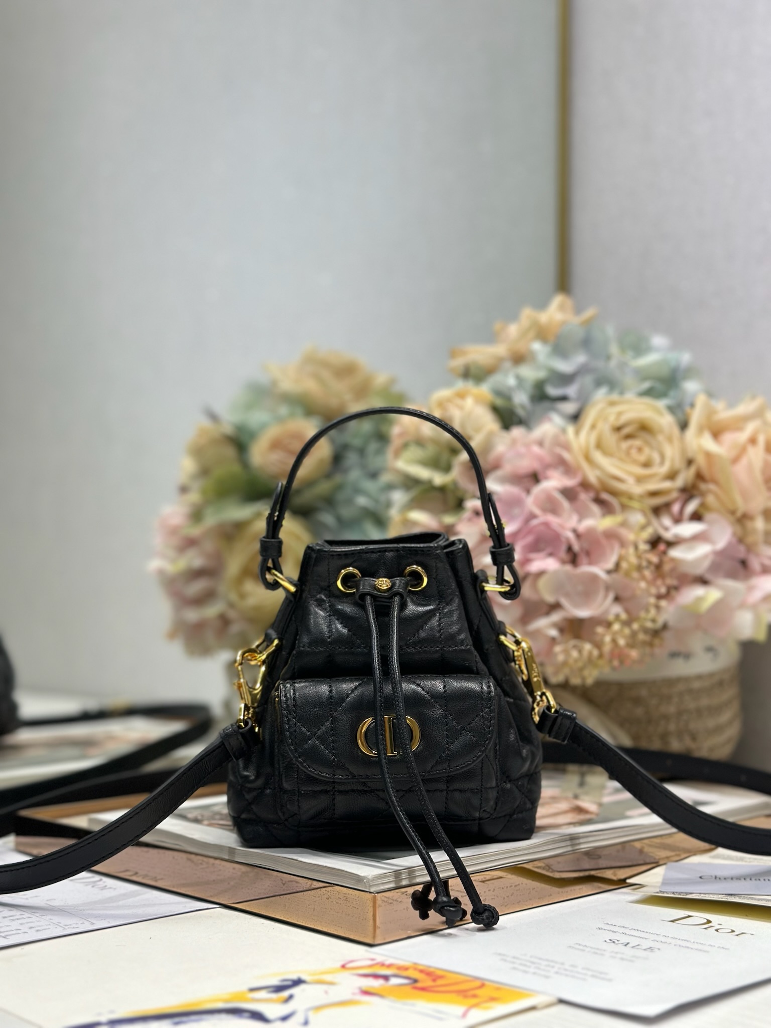 Dior Caro Micro Bucket Bag Black Lambskin Cannage Stitching CD Signature 2 i1745231414 3498 0