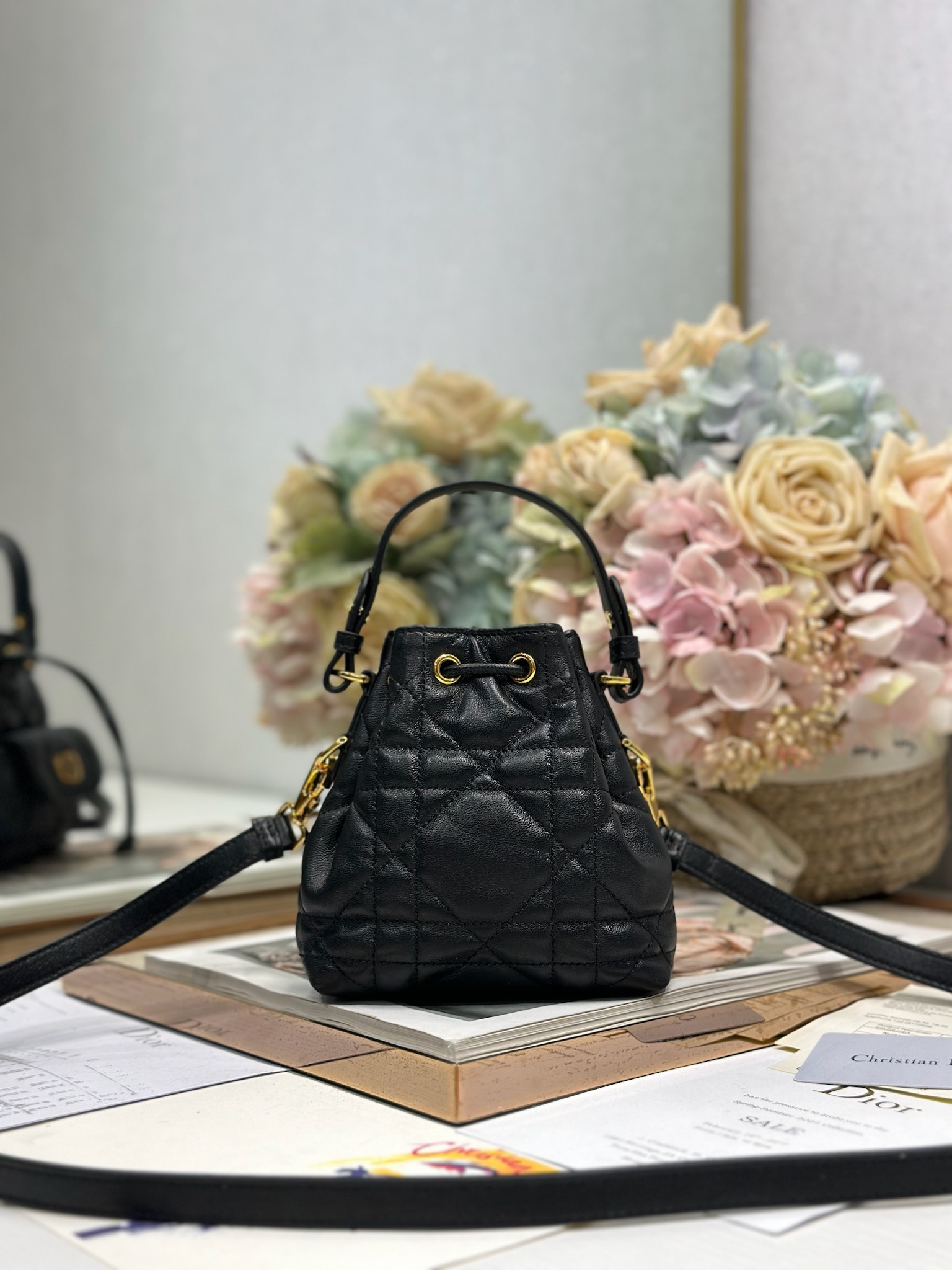 Dior Caro Micro Bucket Bag Black Lambskin Cannage Stitching CD Signature 7 i1745231414 750 5
