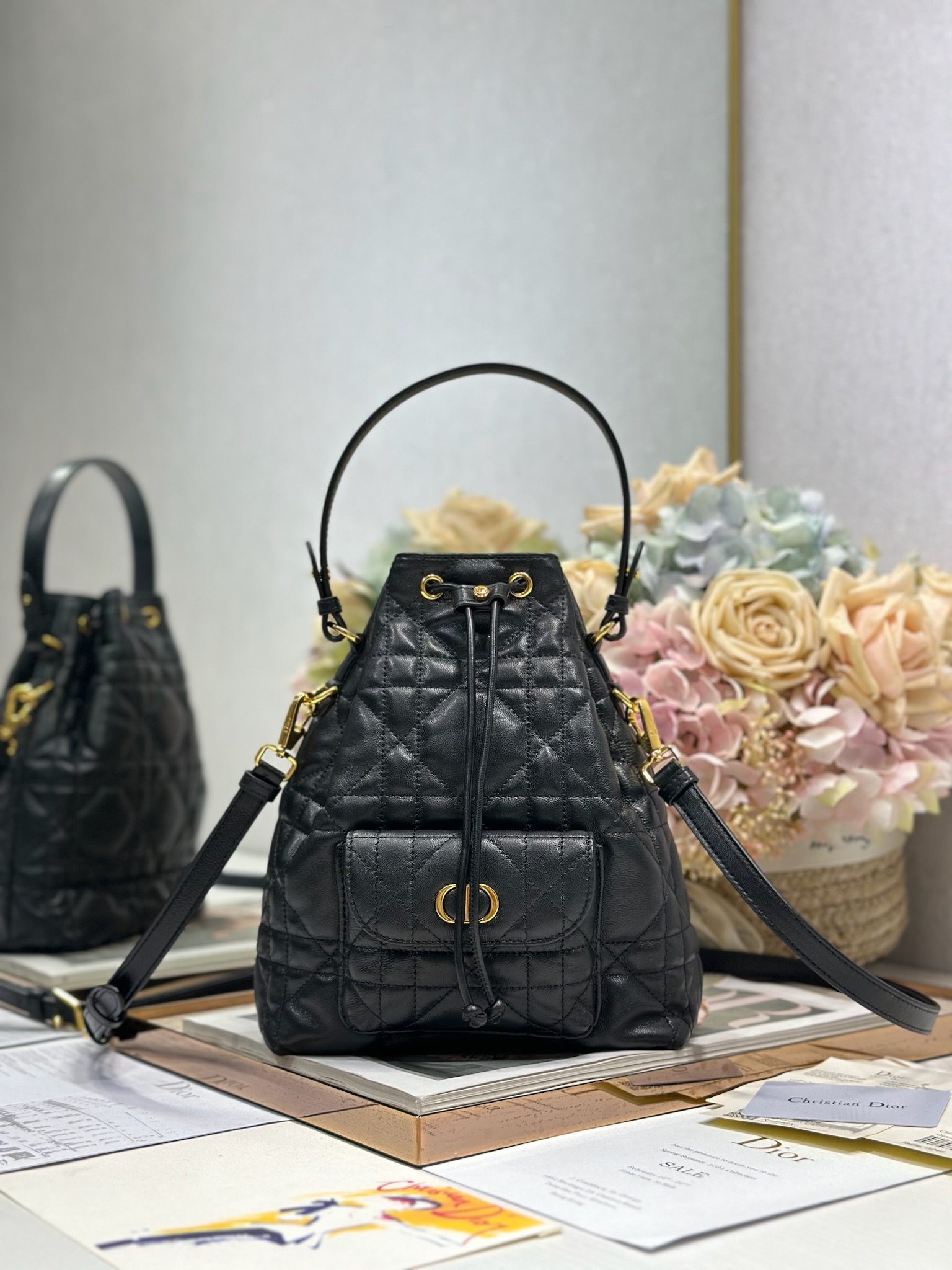 Dior Caro Small Bucket Bag Black Lambskin Cannage Stitching CD Signature 2 i1745231646 2535 0