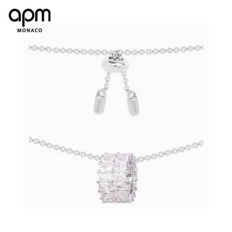 aPm monaco银镶晶钻环形项链女锁骨链毛衣链情侣吊坠，925微手工纯银镶晶钻925银，可调节长度～