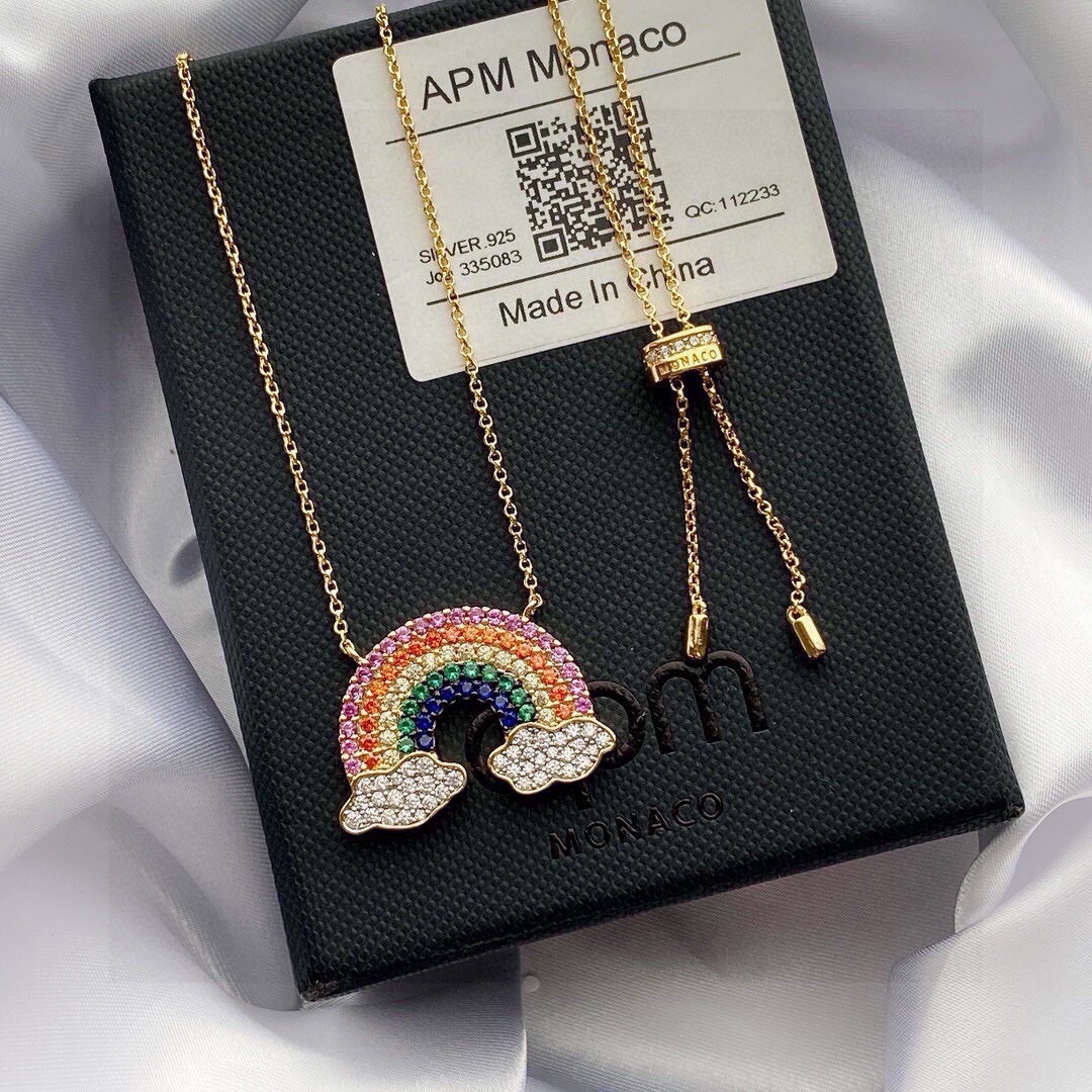 aPm monaco金黄色彩虹项链女锁骨链s925纯银手工微镶晶钻。可调节链長65cm。
