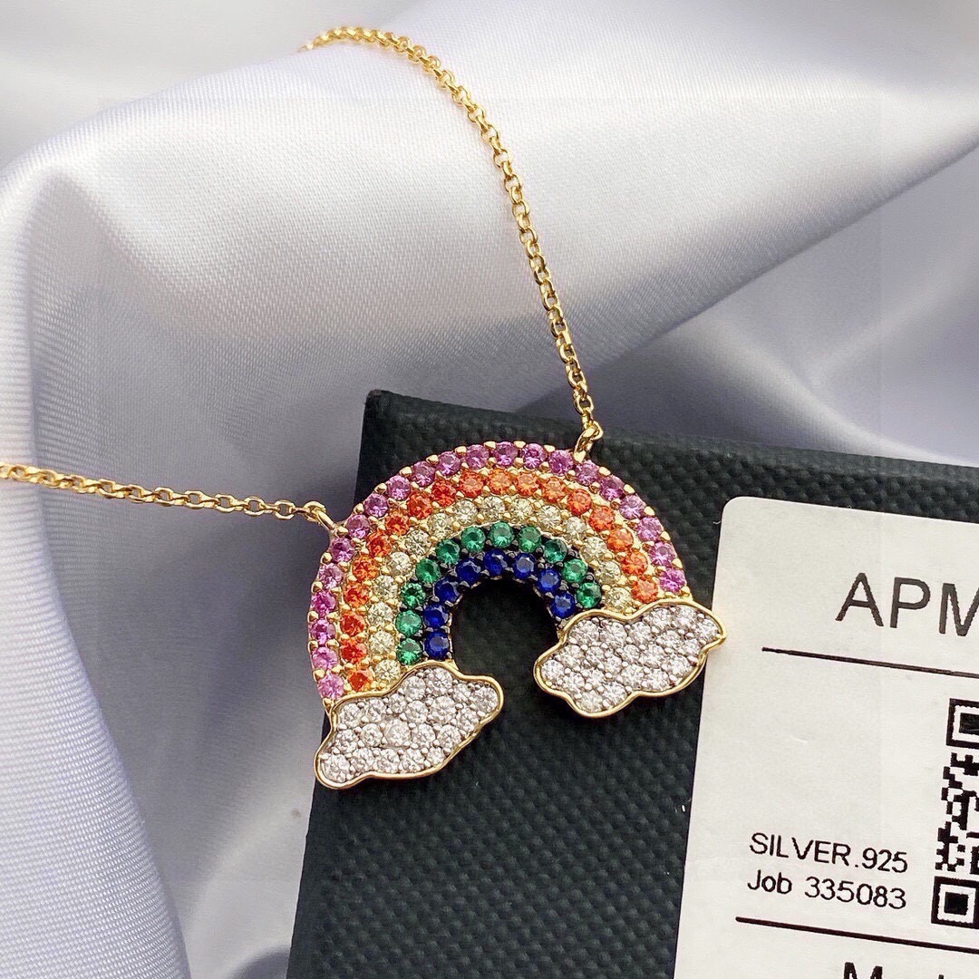 aPm monaco金黄色彩虹项链女锁骨链s925纯银手工微镶晶钻。可调节链長65cm。