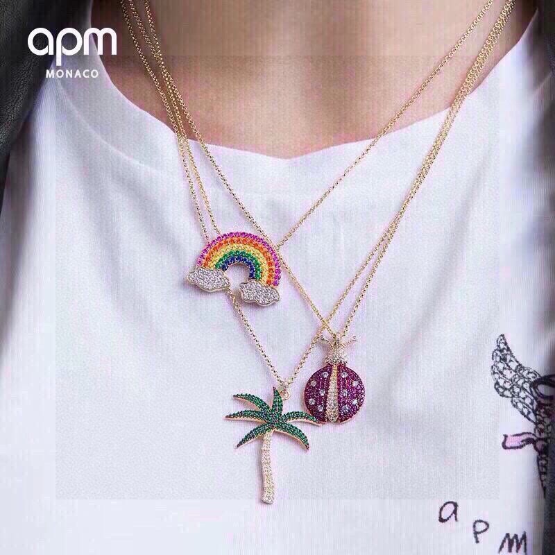 aPm monaco金黄色彩虹项链女锁骨链s925纯银手工微镶晶钻。可调节链長65cm。