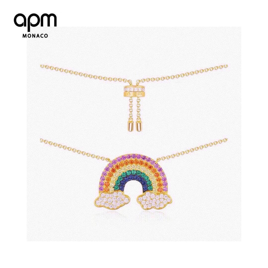 aPm monaco金黄色彩虹项链女锁骨链s925纯银手工微镶晶钻。可调节链長65cm。