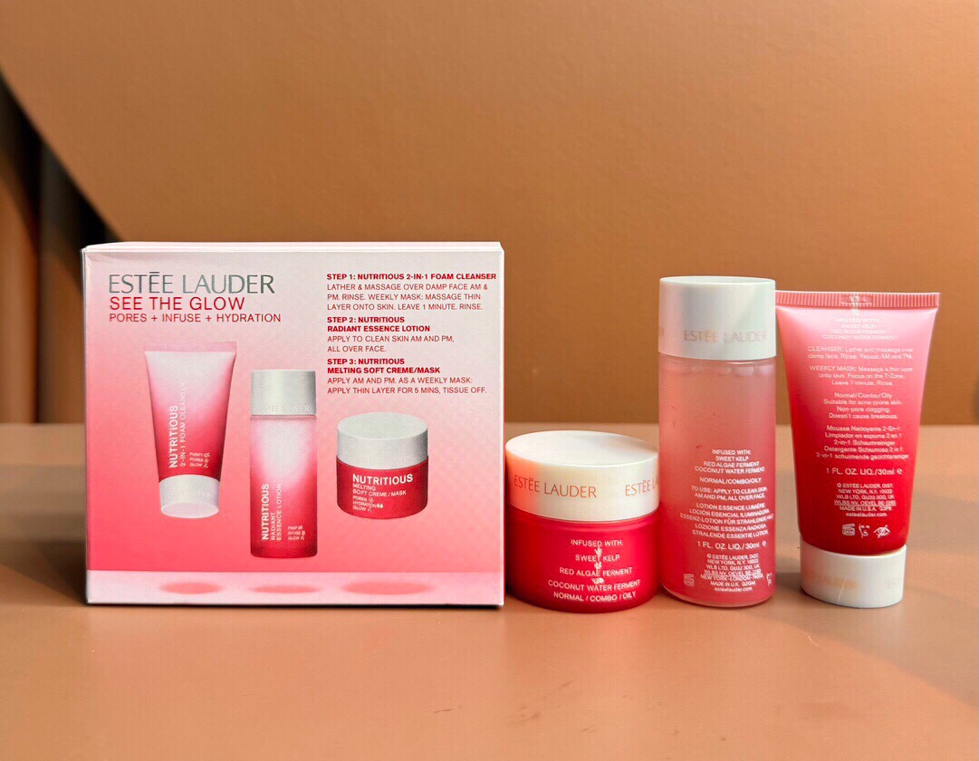30! Set de tres muestras de Granada Roja de Estée Lauder, incluye: agua 30ml + limpiador facial 30ml + crema hidratante…
