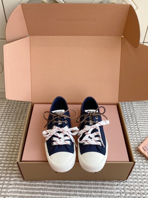 Miu Miu Women's Navy Canvas Low-Top Sneakers with Double Shoelaces 1 Miu Miu Women's Navy Canvas Low-Top Sneakers with Double Shoelaces