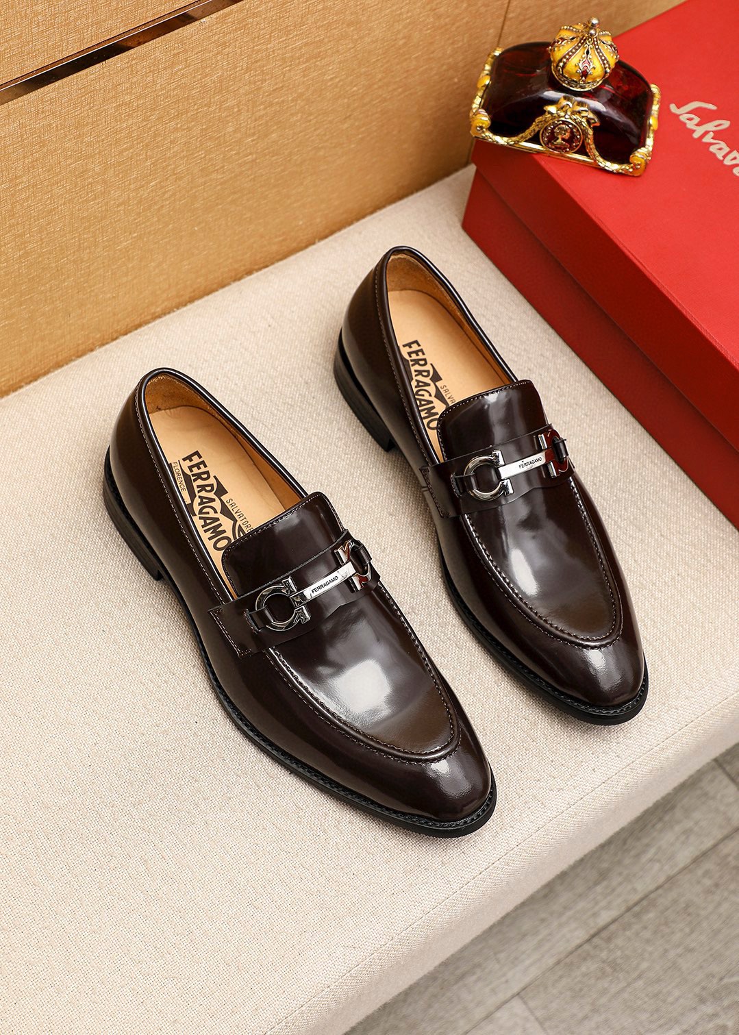Ferragamo Men's Dark Brown Leather Loafers with Silver-Tone Hardware 1 Ferragamo Men's Dark Brown Leather Loafers with Silver-Tone Hardware