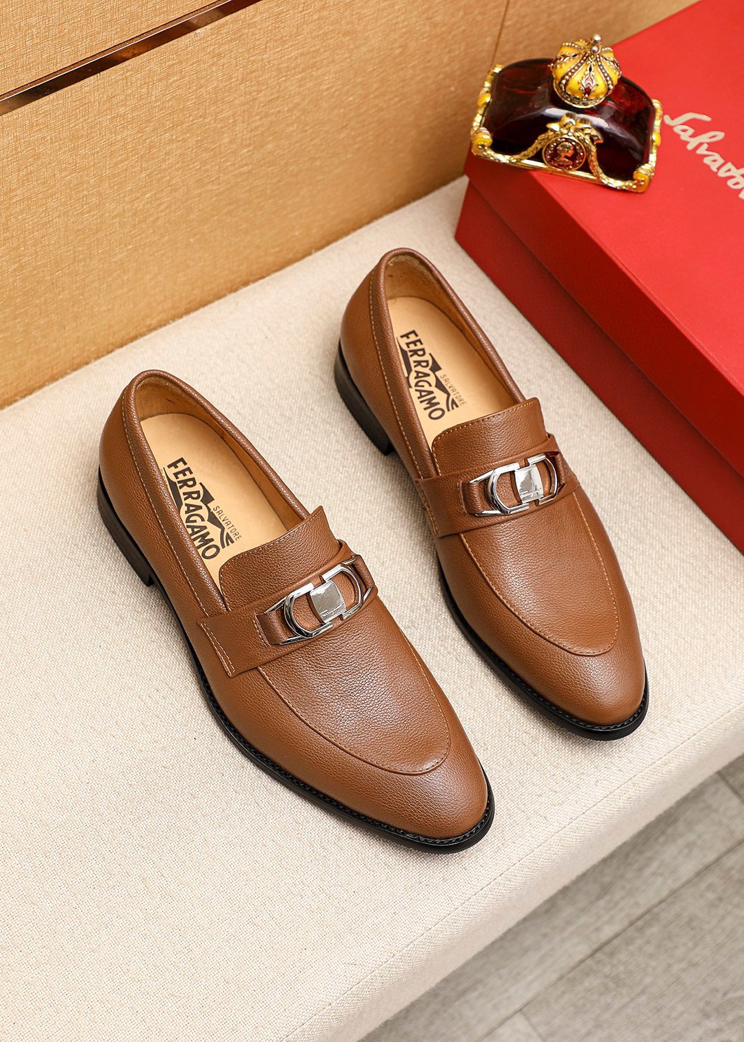 Salvatore Ferragamo Men's Leather Loafers with Iconic Buckle Detail - Stylish Brown 1 Salvatore Ferragamo Men's Leather Loafers with Iconic Buckle Detail - Stylish Brown