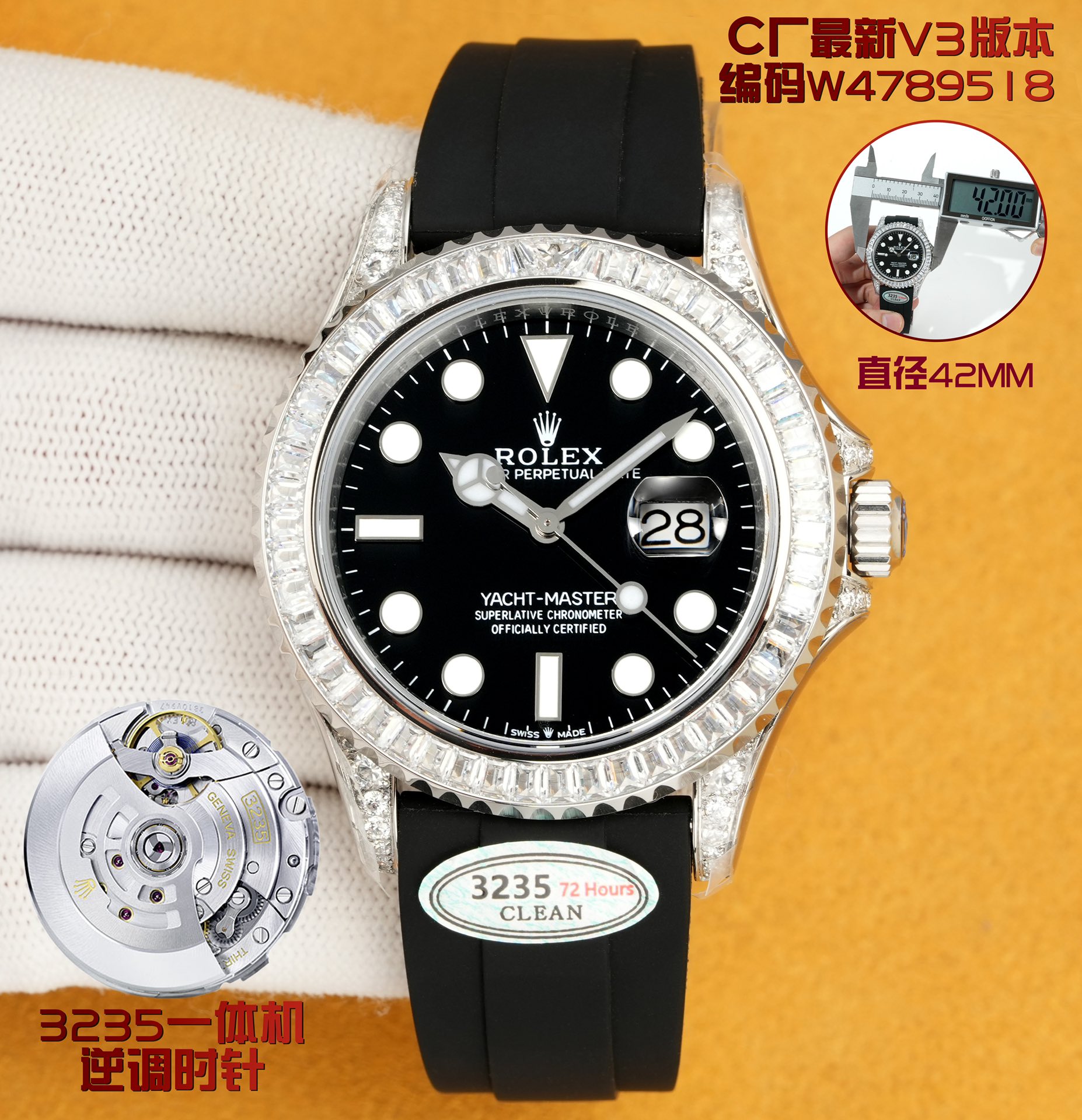 NO:337263,Factory C all-in-one machine: new products, new, new, new, new, factory C clean, highest cost-effectiveness, popular styles, Rolex ROLEX Yacht Mingshi series T-shaped rock sugar diamond candy diamond, jewelry-grade inlaid natural diamond craft 42mm rainbow yacht ① Correct the time adjustment direction, movement reverse time callback calendar, calendar jump instantly, consistent with the original version; ② Exclusive customized integrated movement movement, super long 72 hours kinetic energy; ③ Upgrade the original substitute grade tape, the tape uses natural fluoroelastic tape, size, softness, material, feel, workmanship details, new upgrade synchronous original product Produced by C clean, must be fine, every extreme detail is the sincerity of ingenious development, fast button adjustment extension function, original version is consistent; watch code W4789518, watch button code 7CD three-code in one, matched with Nfc  Induction card, exquisite recommendation for men's mechanical watch, rolex19860909C厂一体机: 新品,上新,上新,上新,c厂clean,最高性价比,热门款式, 劳力士 ROLEX 游艇名仕系列T型冰糖钻糖果钻,珠宝级镶嵌天然钻石工艺42mm彩虹游艇 ①修正调时方向,机芯逆时回调日历,日历瞬跳,与原版一致； ②独家定制一体机机芯,超长72小时动能； ③升级原版代用级别胶带,胶带使用天然氟橡胶带,尺寸,柔软度,材料,手感,做工细节,全新升级同步原装 C厂clean出品,必然精品,每一个极致的细节都是匠心开发的诚意,扣子快调延伸功能,原版一致；腕表编码W4789518,腕表扣码7CD三码合一,搭配Nfc 感应卡,精致推荐男士机械腕表,,rolex,Watch