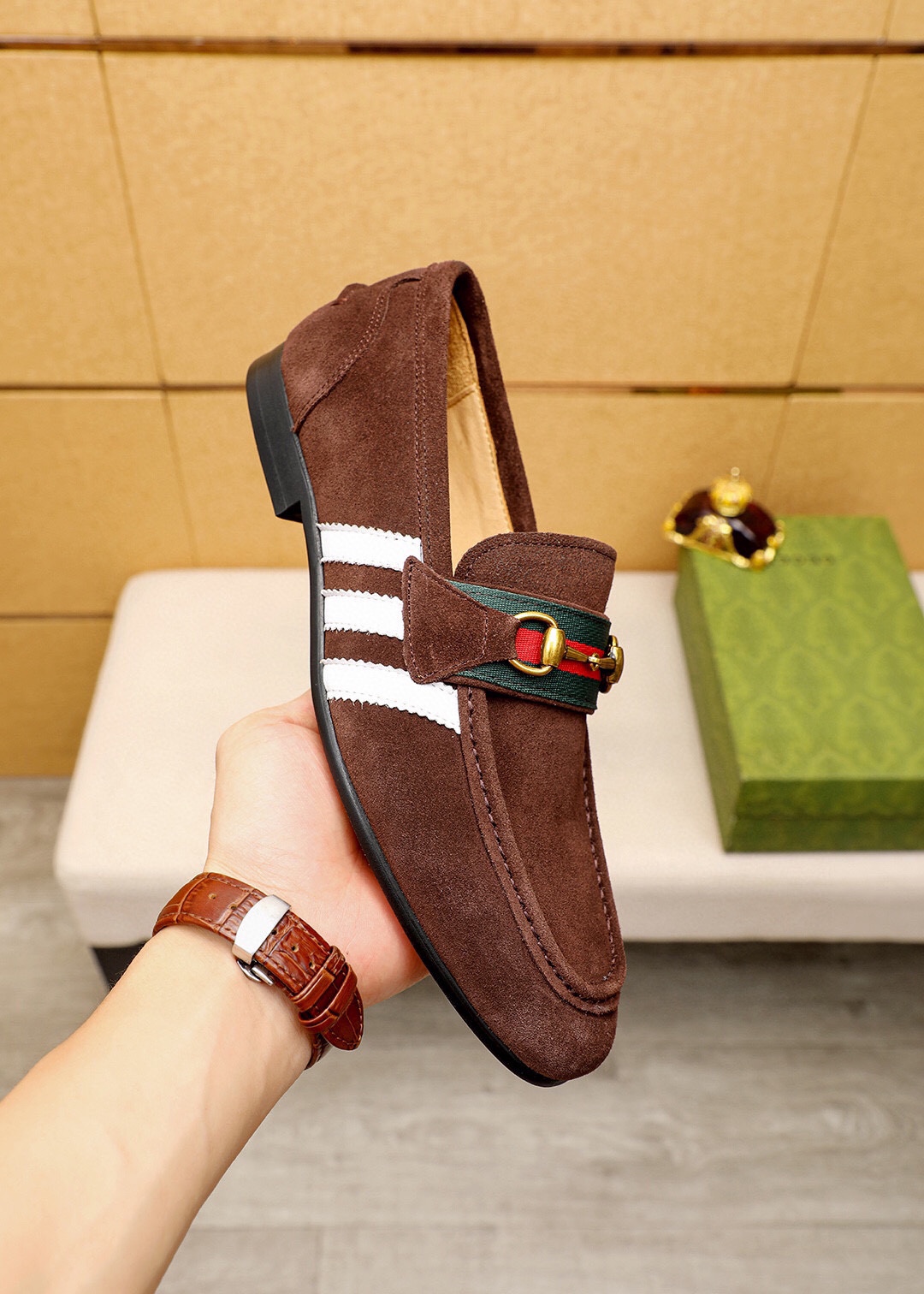 Gucci Men's Brown Suede Loafers with Signature Web and Horsebit Detail 6 i1745638229 7108 4