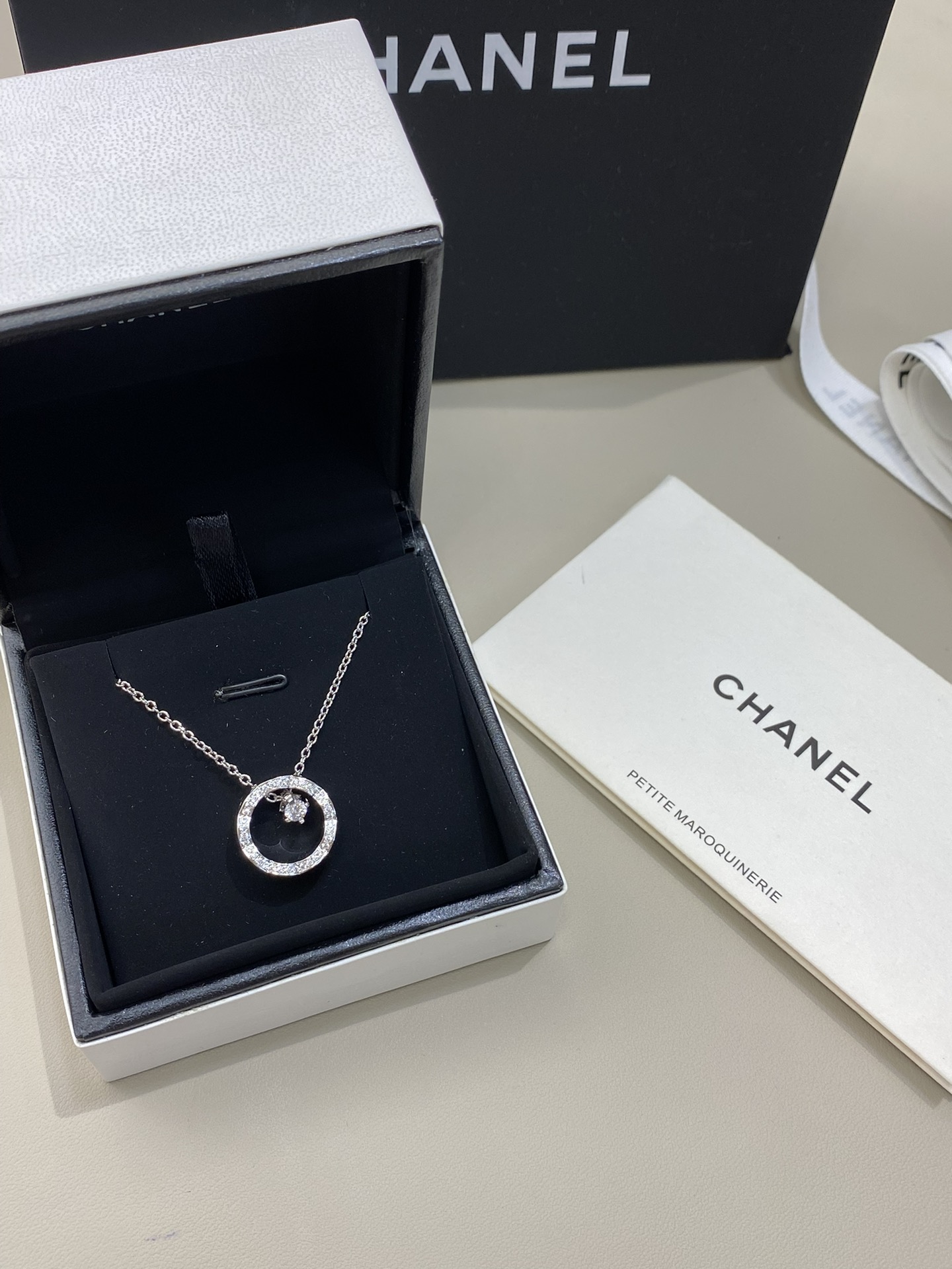 CHANEL quilted necklace silver ring pendant