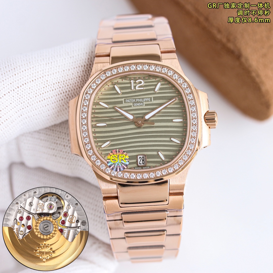 NO:149270,GR Factory2025 Wall crack recommended V2 version Patad Nautilus series high-value women's watch [2025 Super Godly Work Top Version] Patad Philippe's sports and elegant Nautilus women's watch P is coming!  Welcome to compare details 1. Pair with the customized version of 9015 machine-modified Cal.324sc integrated machine automatic movement, adjusting continuously for seconds, adjusting continuously for seconds, special kinetic energy storage for 45 hours, vibration frequency is 28,800 per hour. 2316L custom-grade ergonomic strap!  3 The watch is 35.2MM in size and 8.6mm in thickness that is the same as the original one!  4 56 Swarovski crystal diamonds are inlaid with the same number as the genuine diamonds. 5 watch glasses with double-sided anti-glare sapphire crystal glass. 6 literal colors are the same as the genuine ones. 