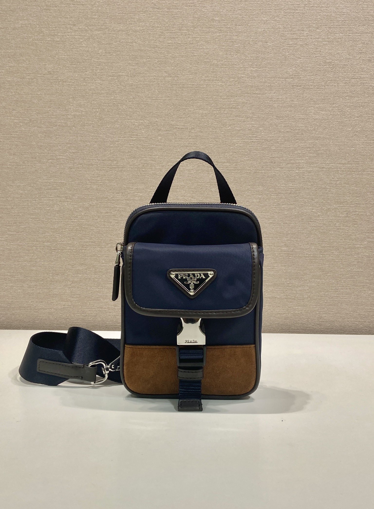 Stylish Black Nylon & Saffiano Leather Phone Pouch with Triangle Logo 3 i1745742325 9528 1