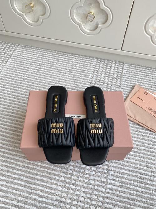 Miu Miu Women's Black Nappa Leather Quilted Slide Sandals 1 Miu Miu Women's Black Nappa Leather Quilted Slide Sandals