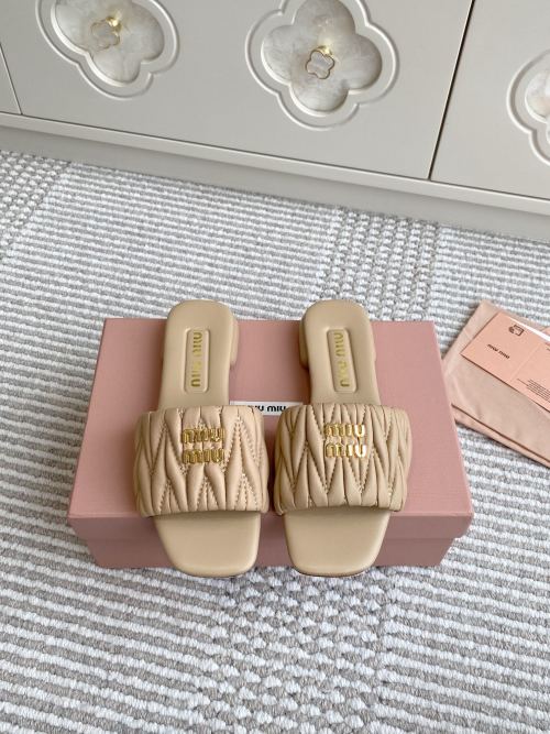 Miu Miu Women's Beige Nappa Leather Flat Slide Sandals 1 Miu Miu Women's Beige Nappa Leather Flat Slide Sandals