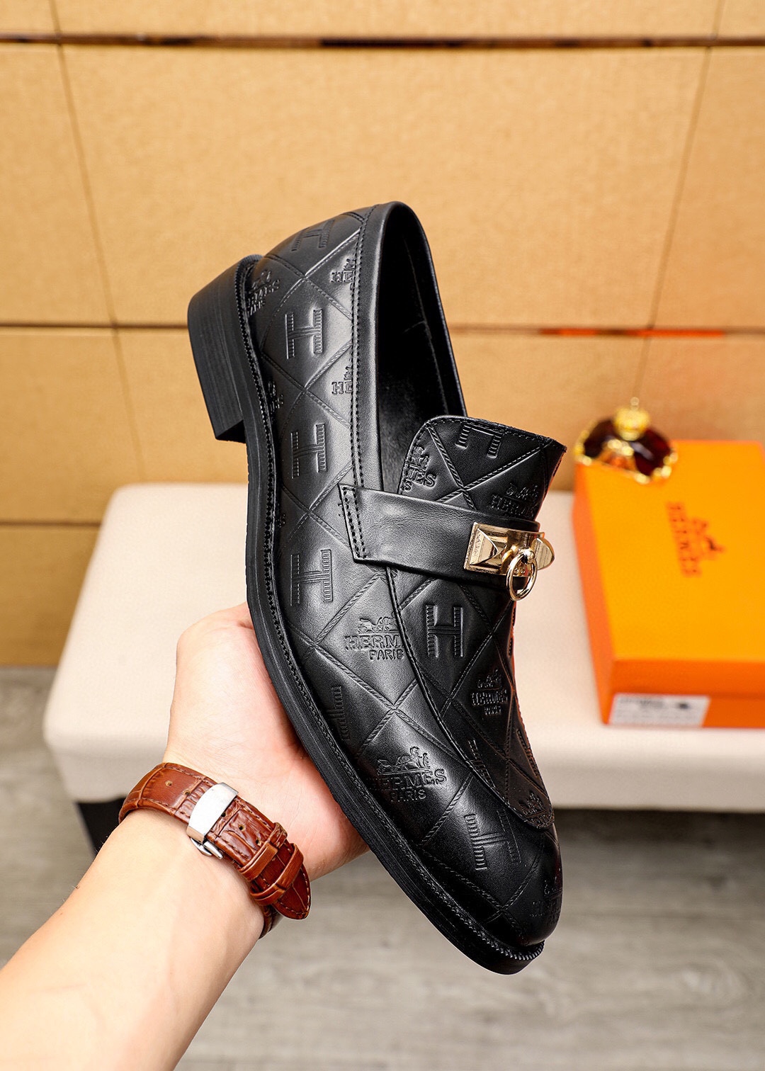Hermes Men's Black Leather Loafers with Gold Hardware - Sizes 38-44 6 i1745801682 3793 4