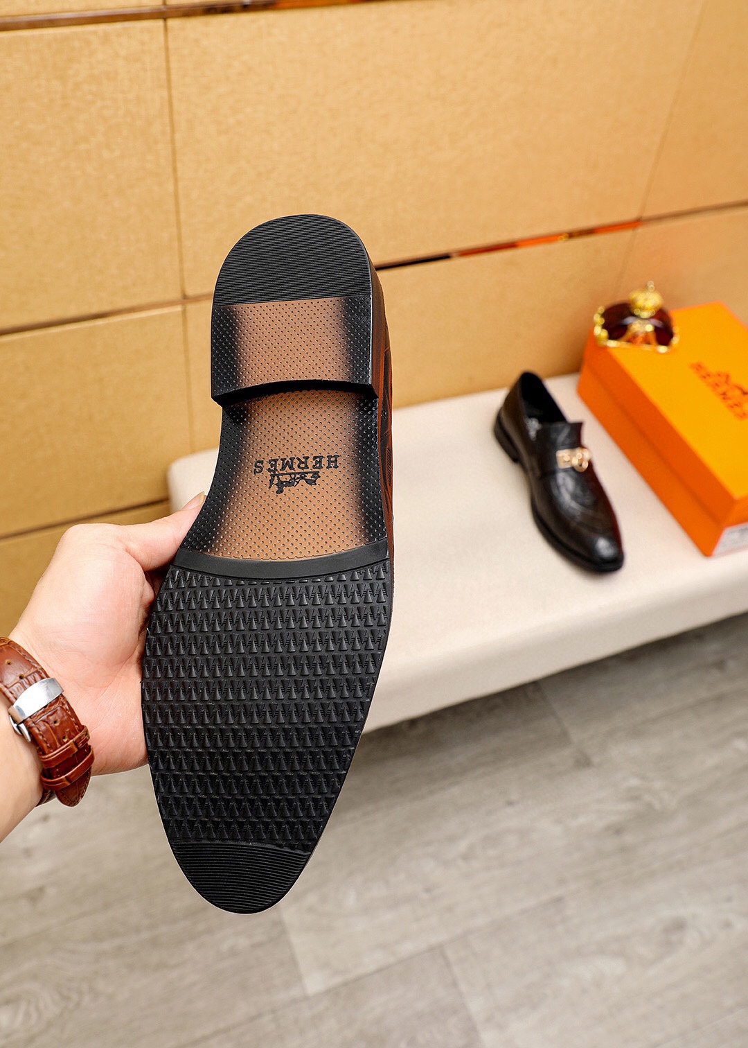 Hermes Men's Black Leather Loafers with Gold Hardware - Sizes 38-44 10 i1745801682 7545 8