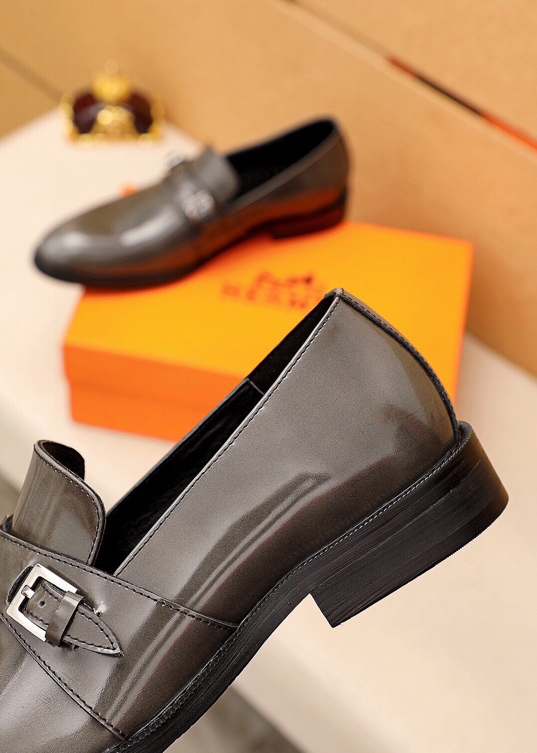 Hermes Leather Monk Strap Loafers, Gray Leather Upper, Buckle Detail 9 i1745801716 219 7