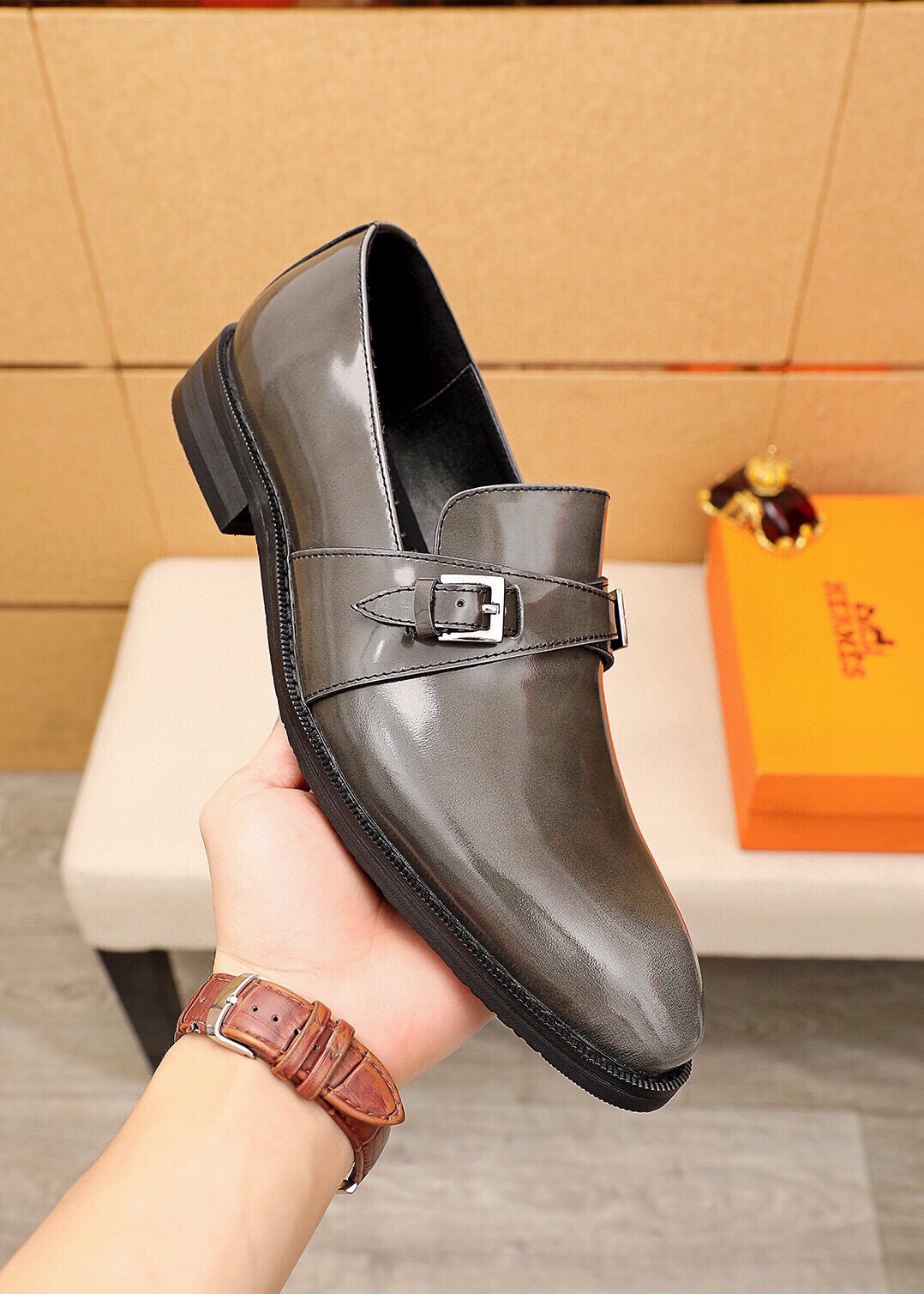 Hermes Leather Monk Strap Loafers, Gray Leather Upper, Buckle Detail 7 i1745801716 2521 5
