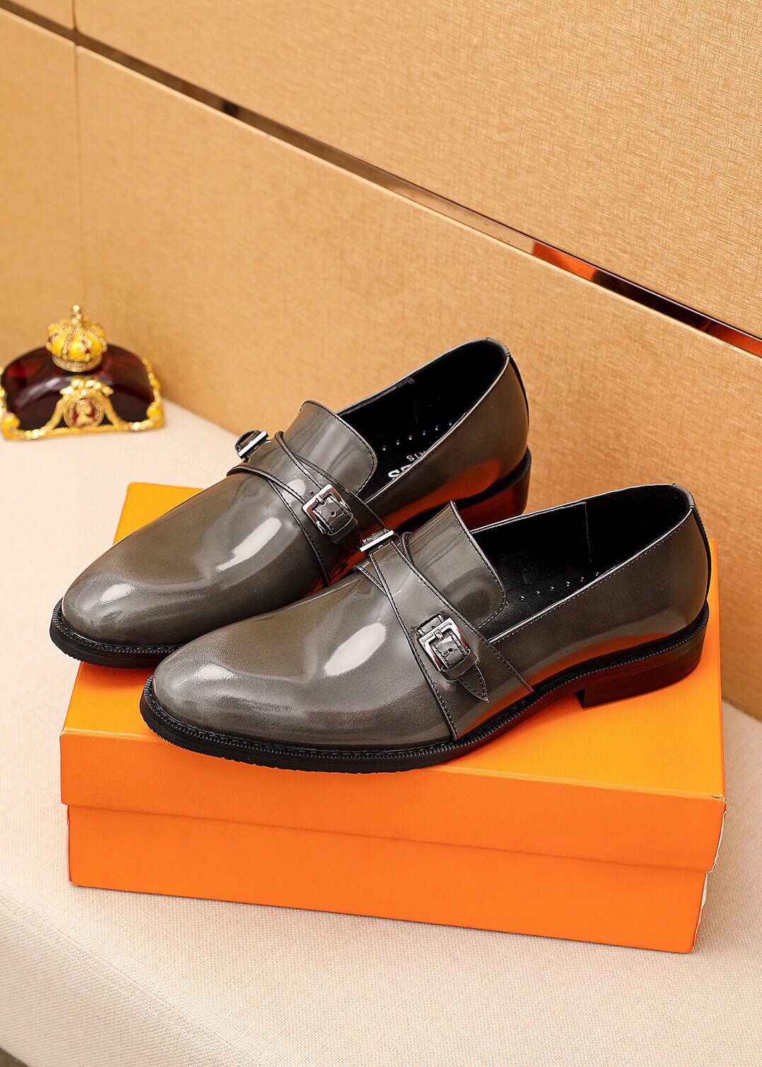 Hermes Leather Monk Strap Loafers, Gray Leather Upper, Buckle Detail 3 i1745801716 500 1